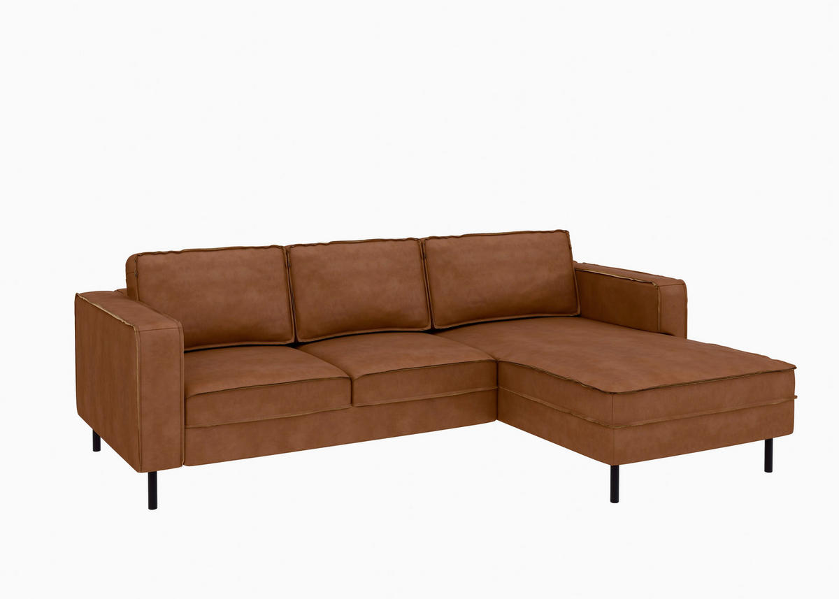 ECKSOFA Lederlook, Mikrofaser Echtleder Cognac  - Cognac/Schwarz, Modern, Leder/Textil (232/161cm) - Trendmanufaktur