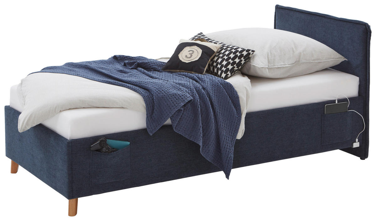 POLSTERBETT 90/200 cm  in Dunkelblau  - Eichefarben/Birkefarben, Konventionell, Holz/Textil (90/200cm) - home24