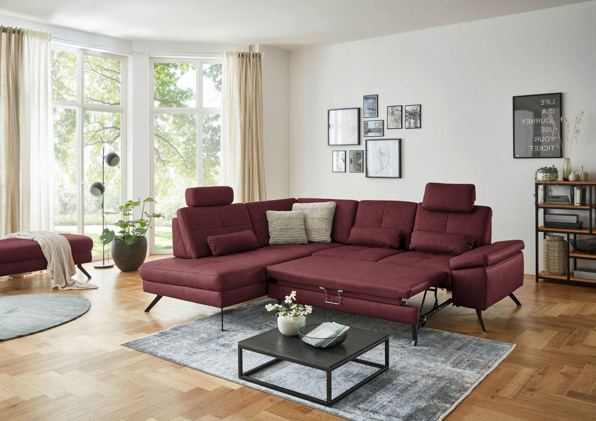 ECKSOFA in Lederlook, Mikrofaser Bordeaux  194/261 cm  - Bordeaux/Schwarz, Design, Textil/Metall (194/261cm) - Beldomo System