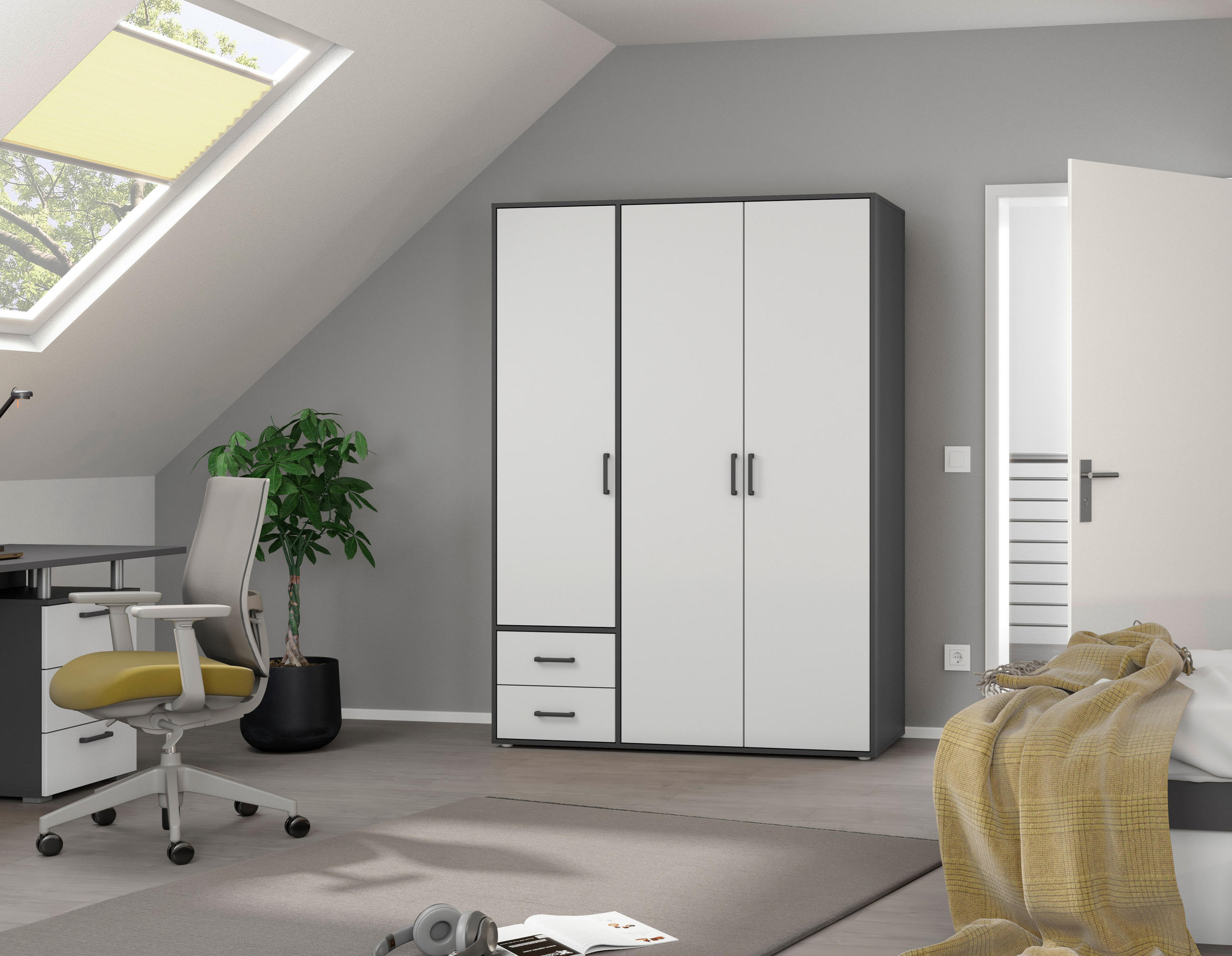DREHTÜRENSCHRANK 140/194/53 cm 3-türig Grau, Weiß  - Weiß/Grau, MODERN, Holzwerkstoff/Kunststoff (140/194/53cm) - Rauch Möbel