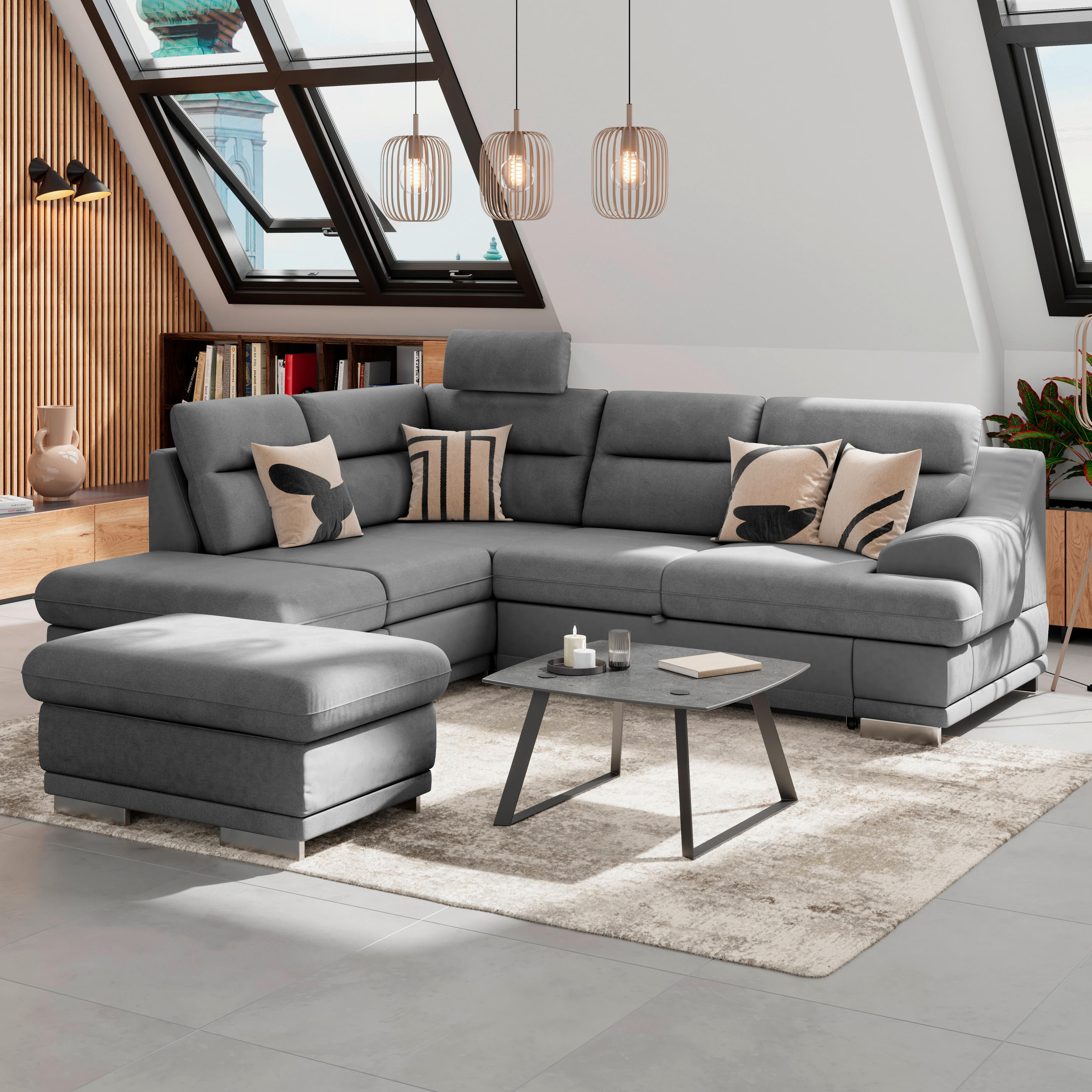 WOHNLANDSCHAFT in Velours Dunkelgrau  - Chromfarben/Dunkelgrau, Konventionell, Textil/Metall (217/264cm) - MID.YOU