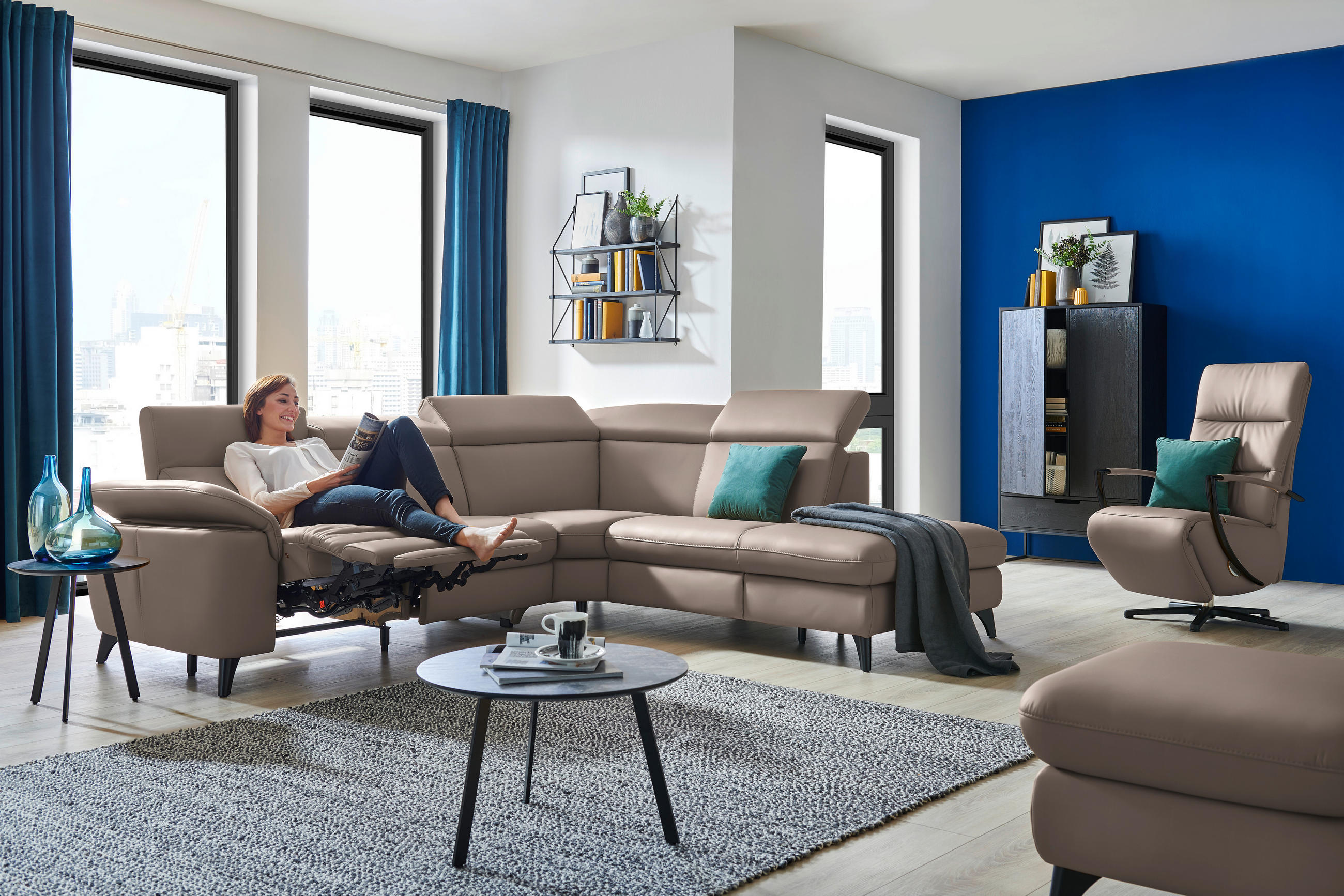 ECKSOFA in Echtleder Fango  - Fango/Schwarz, Design, Leder/Metall (285/239cm) - Cantus