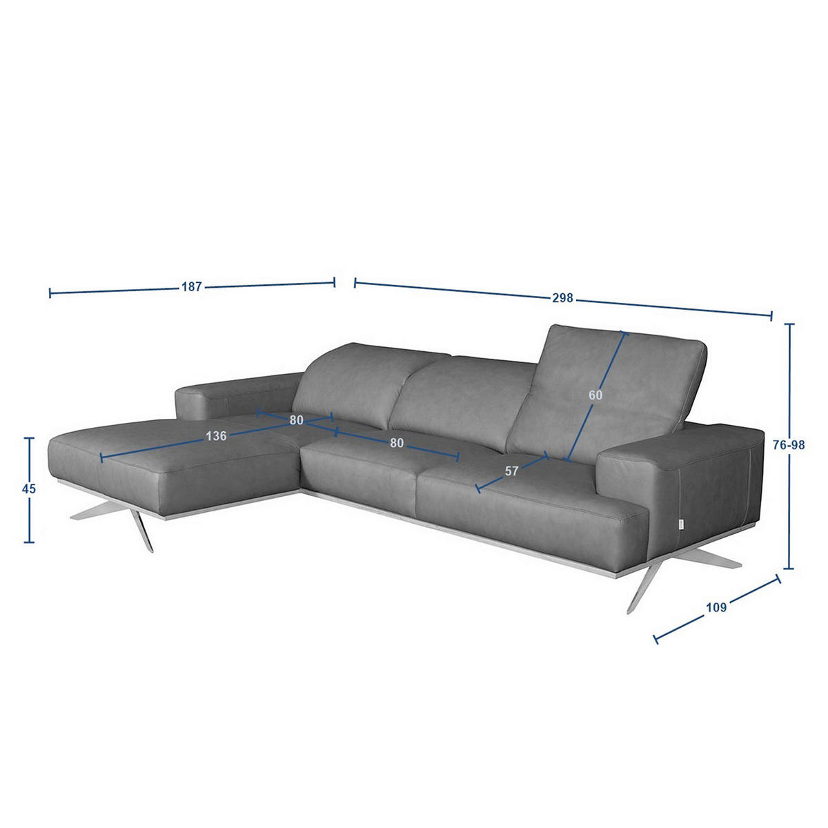 ECKSOFA  in Echtleder Cognac  187/295 cm  - Chromfarben/Cognac, Design, Leder/Metall (187/295cm) - Livetastic