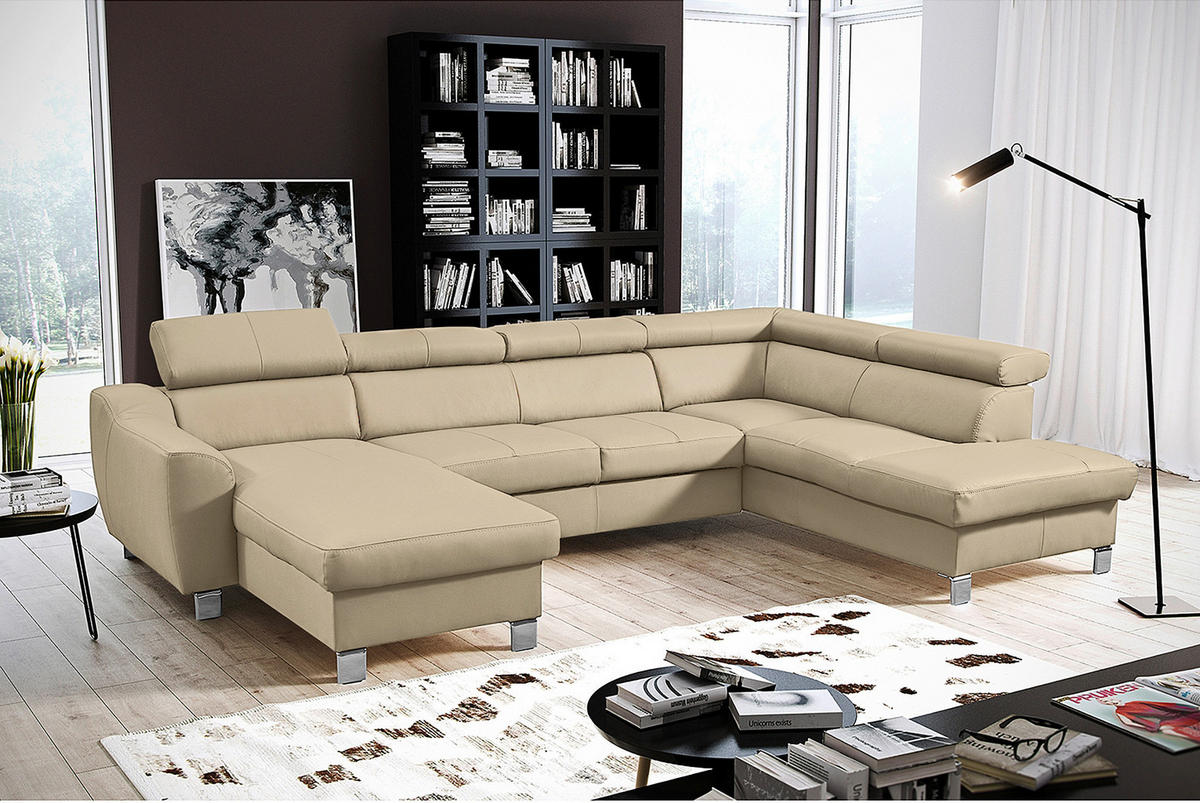 WOHNLANDSCHAFT Beige Echtleder Lederlook  - Chromfarben/Beige, Design, Leder/Textil (175/315/208cm) - Livetastic