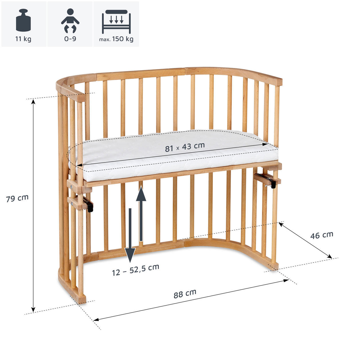 BEISTELLBETT 87/46/79 cm  - Kernbuche, Basics, Holz (87/46/79cm) - Babybay