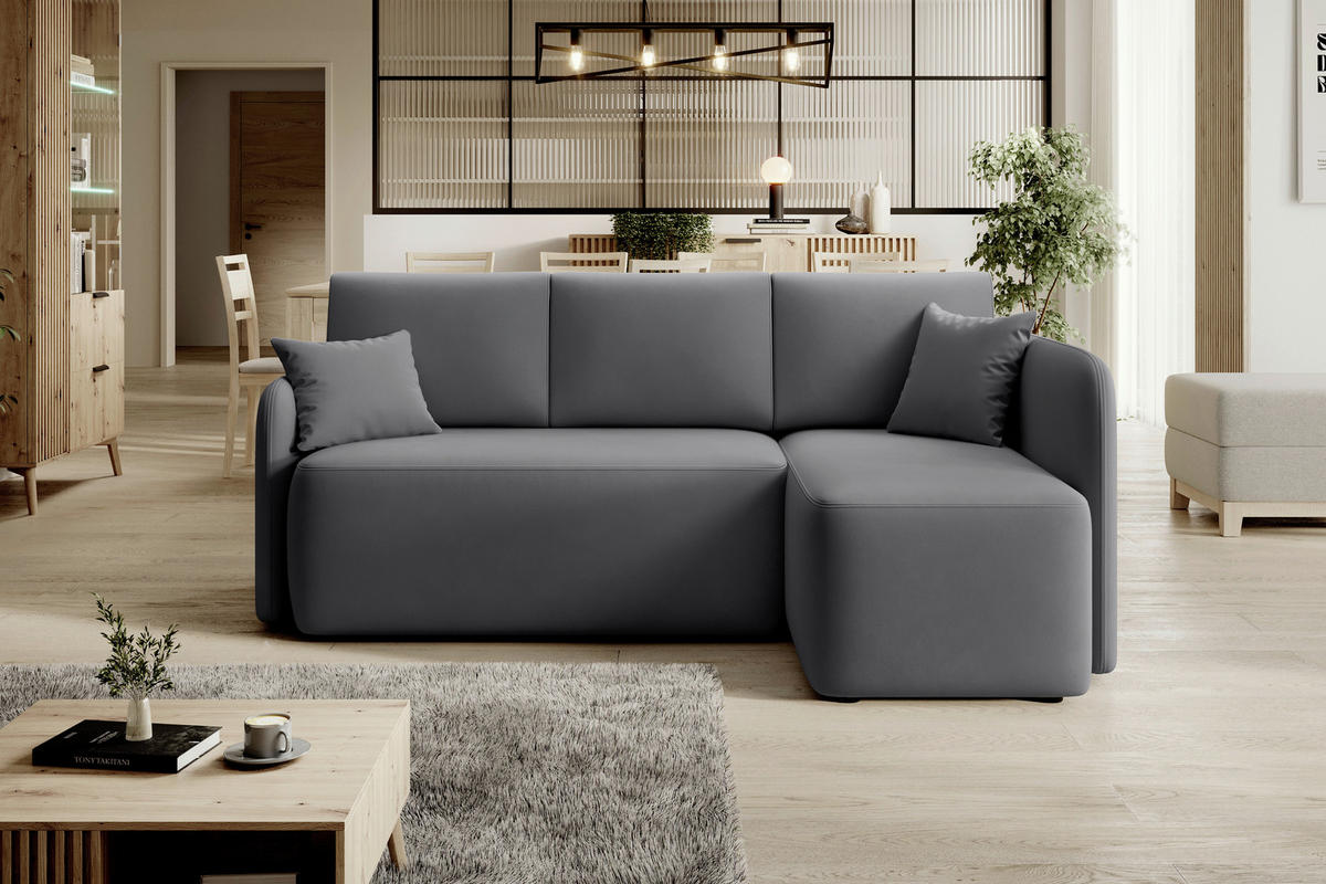 ECKSOFA Plüsch Grau  - Schwarz/Grau, Design, Kunststoff/Textil (206/150cm) - P & B