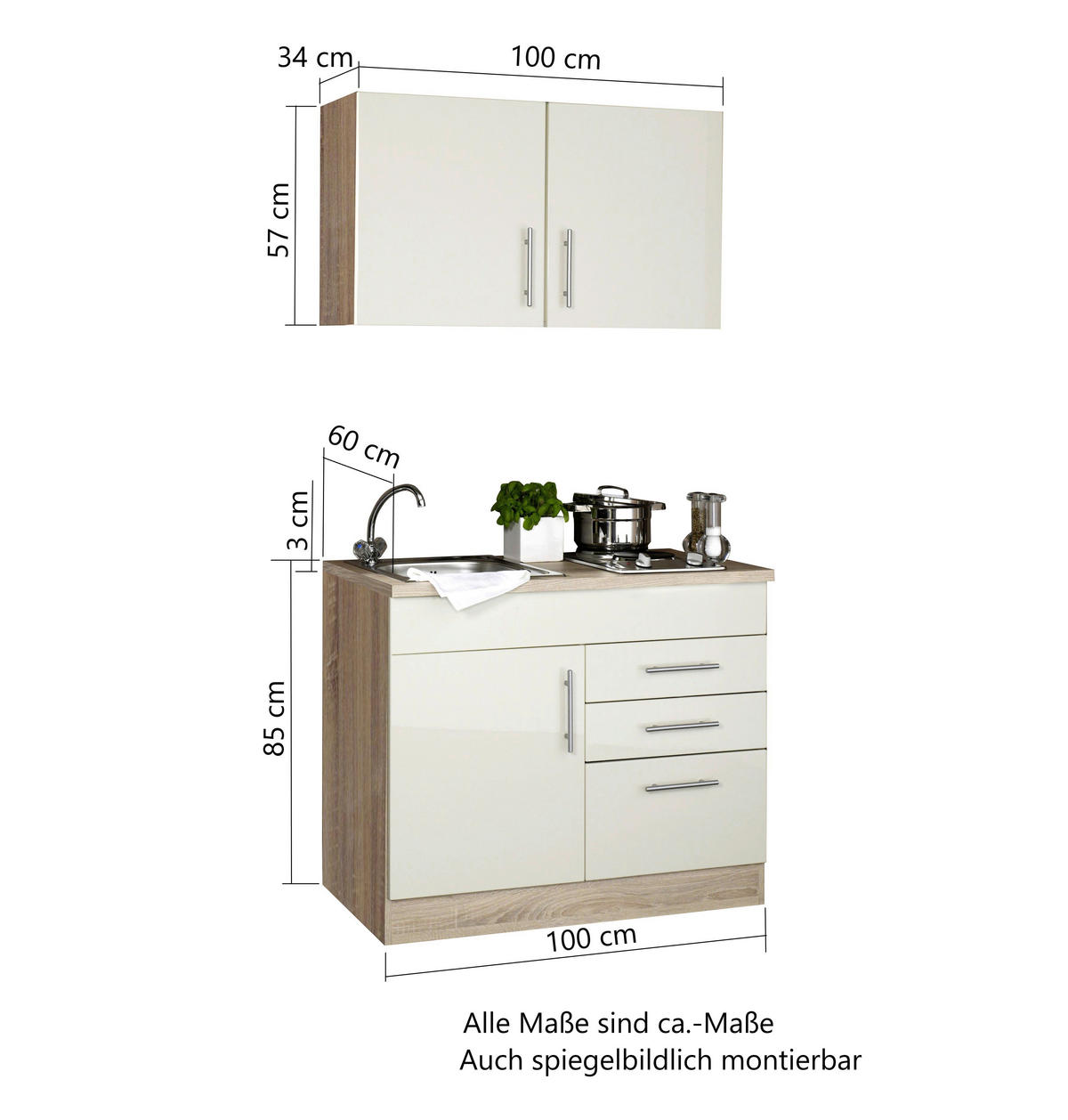 MINIKÜCHE 100 cm   in Buchefarben  - Chromfarben/Buchefarben, MODERN, Holzwerkstoff/Metall (100cm) - Held