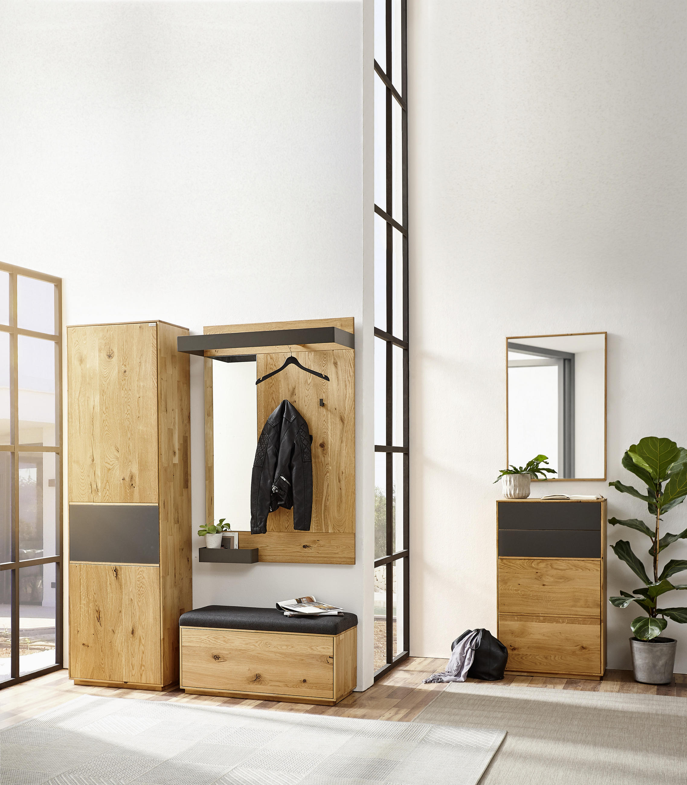 GARDEROBENSCHRANK  in 60/205/38 cm  - Eichefarben/Anthrazit, Design, Glas/Holz (60/205/38cm) - Waldwelt