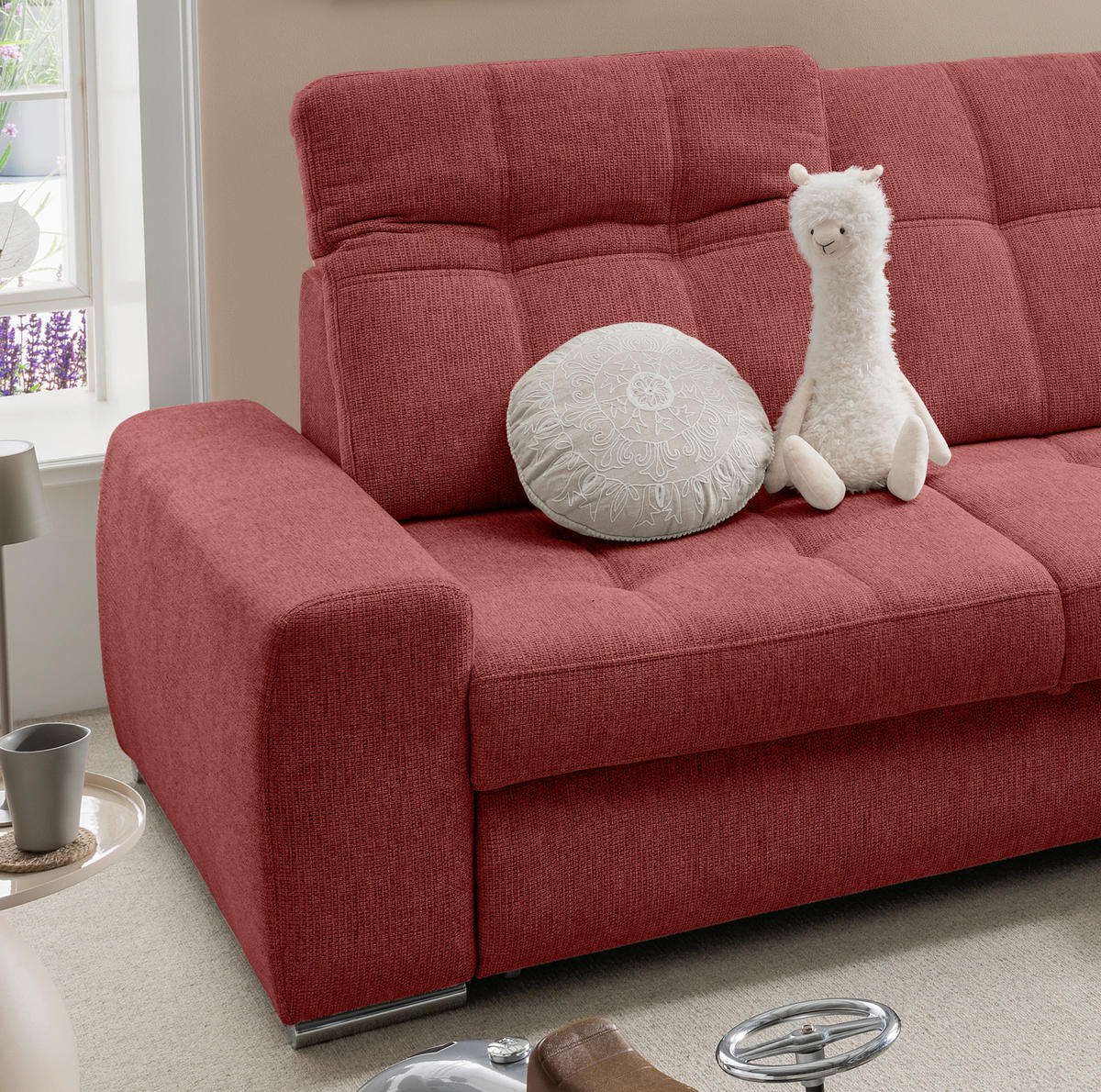 ECKSOFA Chenille Rot  - Chromfarben/Rot, Konventionell, Textil/Metall (283/186cm) - Livetastic