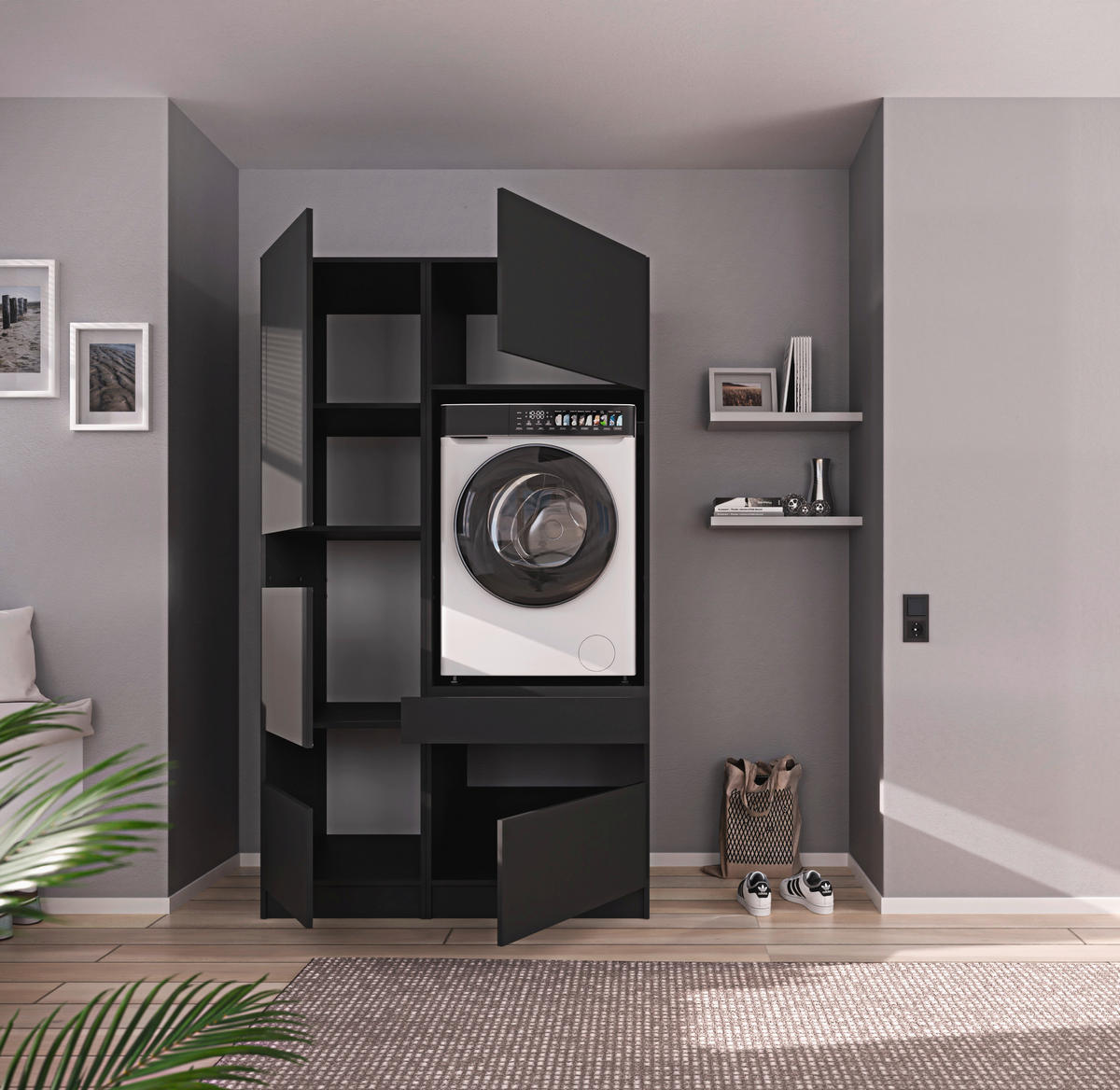 MEHRZWECKSCHRANK 50/200/68 cm  in Anthrazit  - Anthrazit/Schwarz, Design, Holzwerkstoff/Metall (50/200/68cm) - Milino