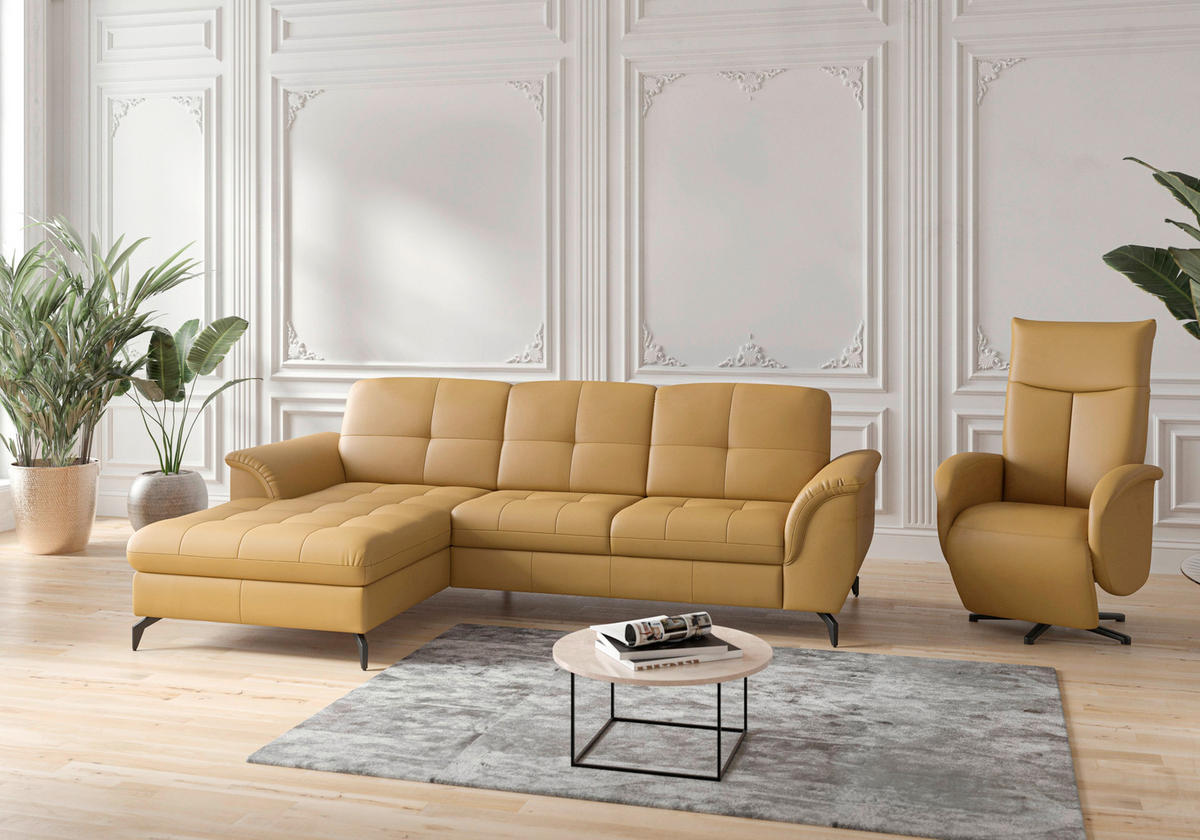 ECKSOFA in Echtleder Currygelb  164/262 cm  - Currygelb/Schwarz, MODERN, Leder/Metall (164/262cm) - Sit & More