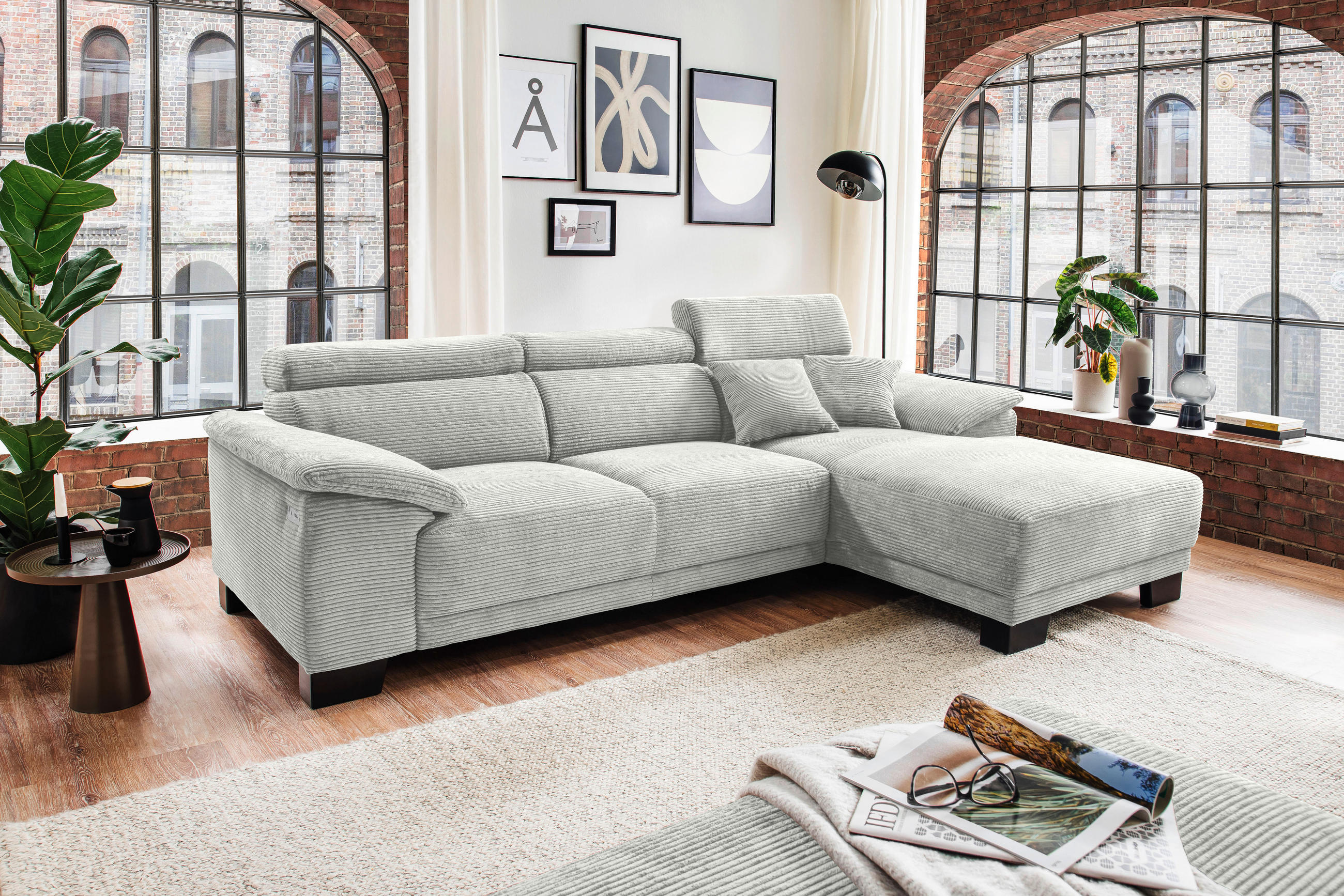 ECKSOFA in Cord Hellgrau  - Hellgrau/Schwarz, Design, Holz/Textil (270/174cm) - Pure Home Lifestyle