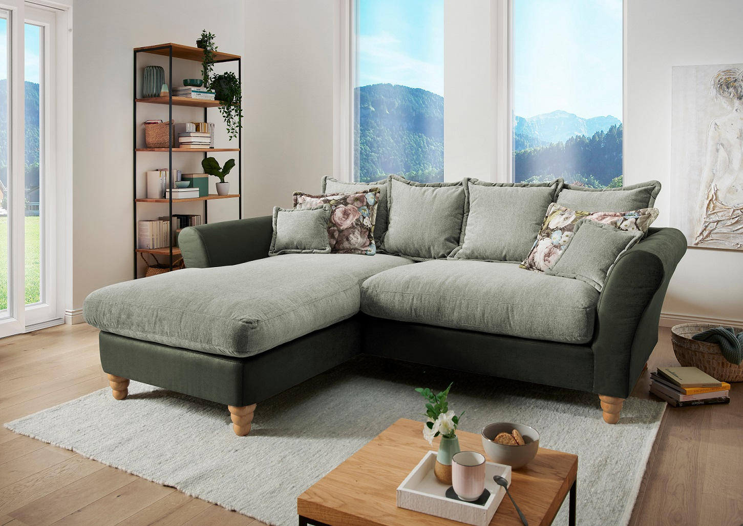 ECKSOFA Grün, Hellgrün Chenille, Mikrofaser - Wildeiche/Multicolor, MODERN, Holz/Textil (203/255cm) - Livetastic