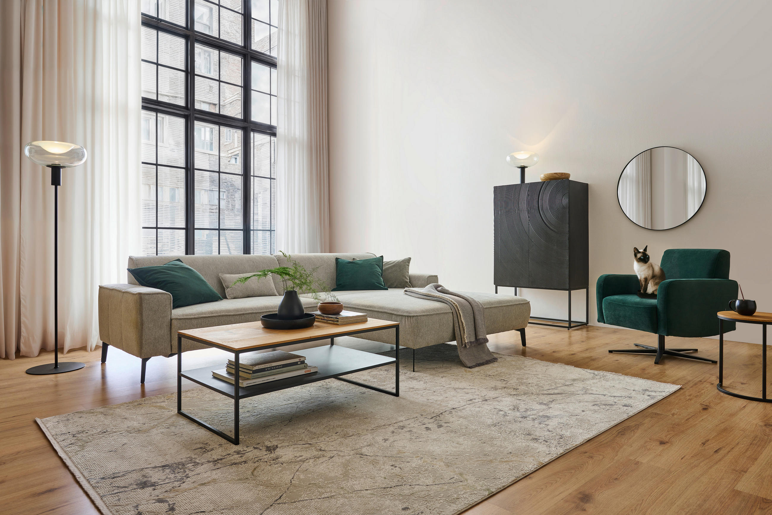 ECKSOFA Hellgrau Flachgewebe  - Hellgrau/Schwarz, Design, Textil/Metall (285/190cm) - Johann Jakob