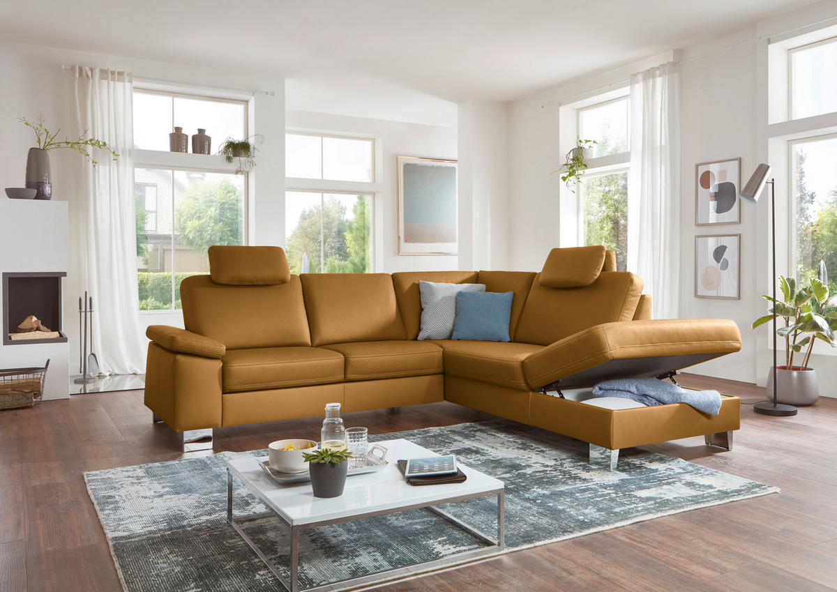 ECKSOFA  in Echtleder Senfgelb  248/235 cm  - Senfgelb/Alufarben, Design, Leder/Metall (248/235cm) - Beldomo Premium