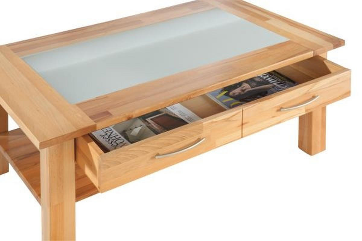 COUCHTISCH Kernbuche vollmassiv Milchglas 110/70/45 cm rechteckig Buchefarben  - Buchefarben, Design, Glas/Holz (110/70/45cm) - Linea Natura