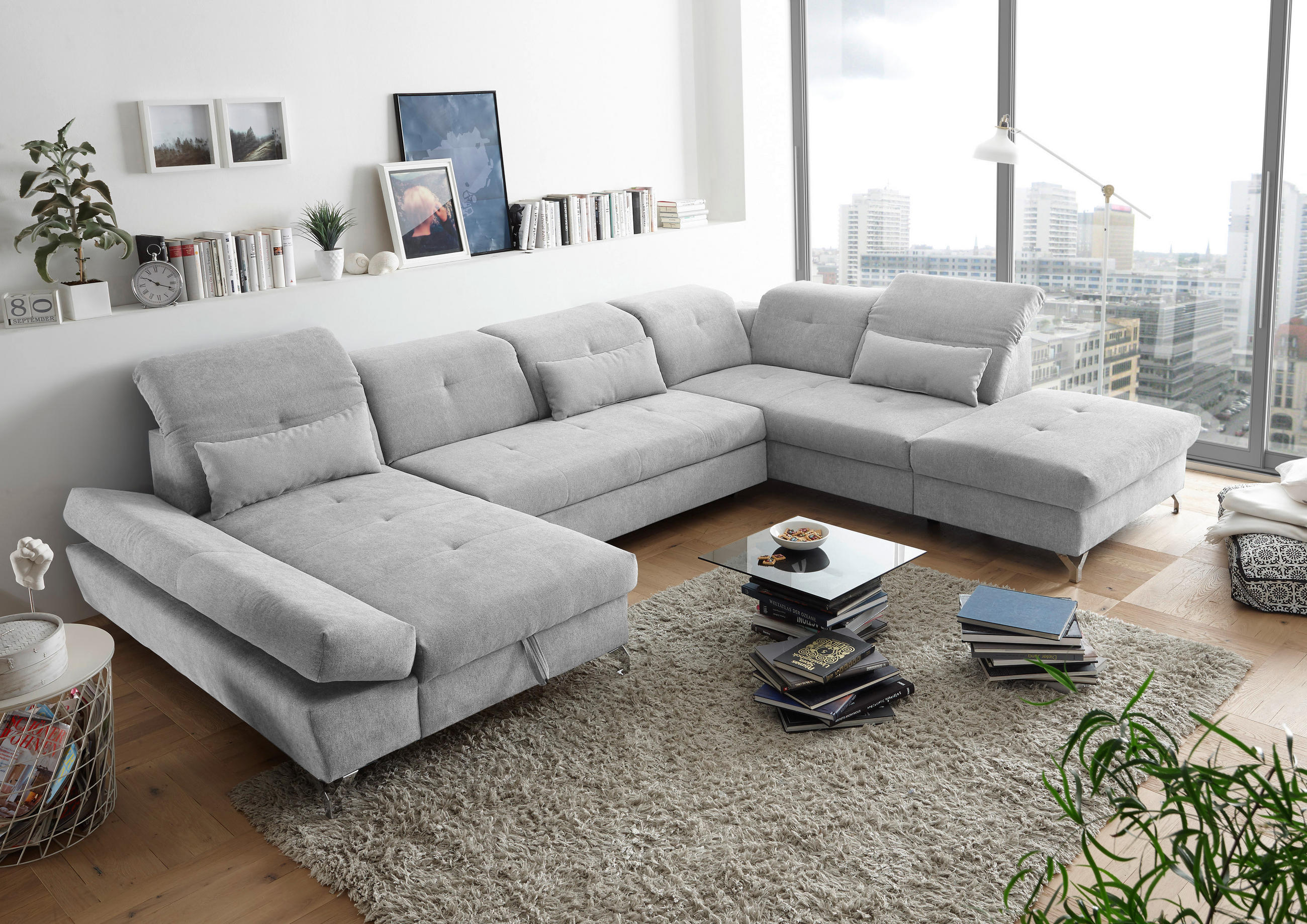 WOHNLANDSCHAFT in Mikrovelours Hellgrau  - Silberfarben/Hellgrau, Modern, Textil/Metall (168/350/245cm) - MID.YOU