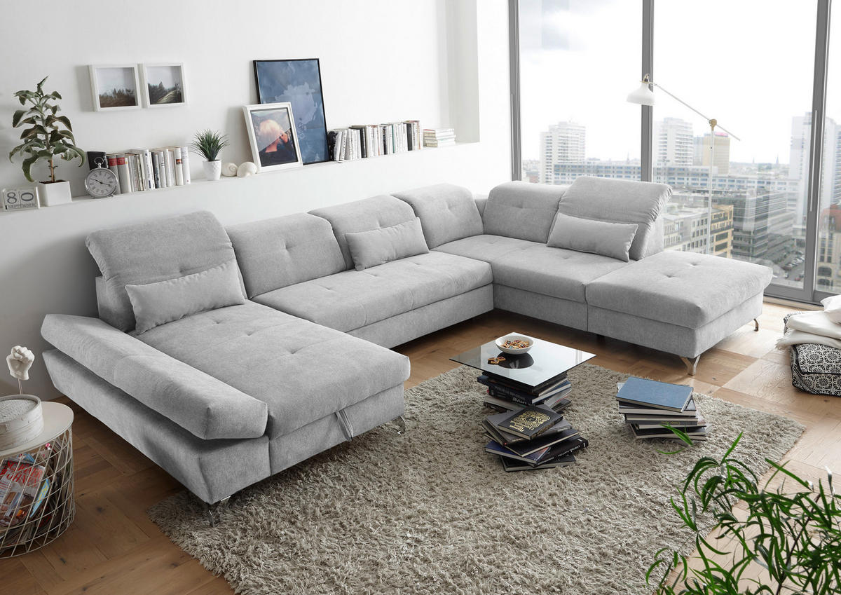 WOHNLANDSCHAFT in Mikrovelours Hellgrau  - Silberfarben/Hellgrau, Modern, Textil/Metall (168/350/245cm) - MID.YOU