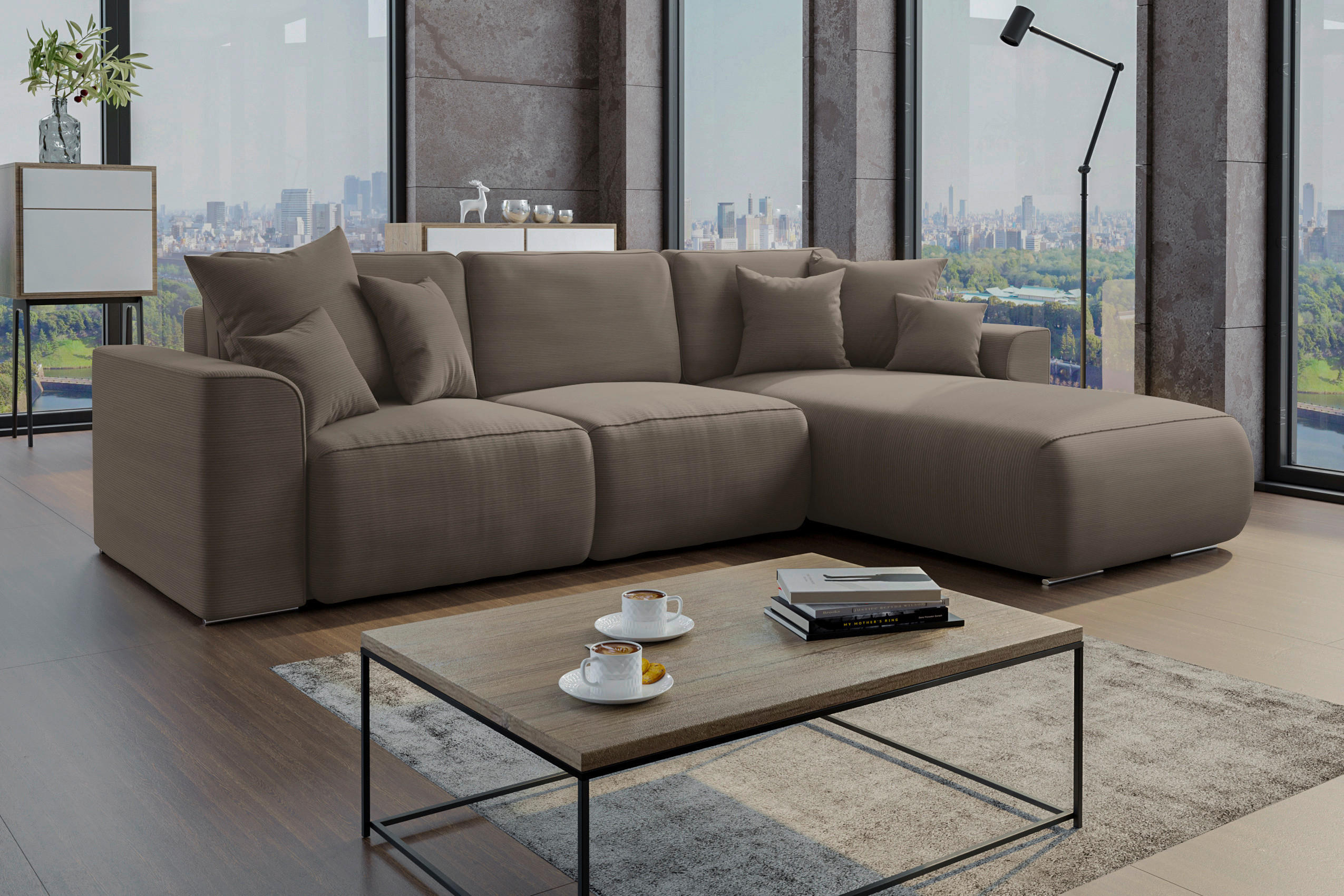 ECKSOFA in Cord Taupe  - Taupe/Chromfarben, Konventionell, Kunststoff/Textil (293/195cm) - MID.YOU