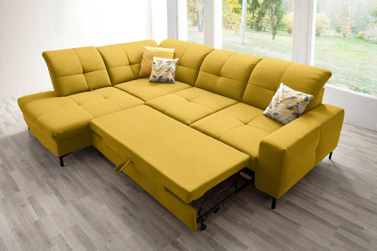 ECKSOFA in Chenille Currygelb  240/308 cm  - Currygelb/Schwarz, Design, Textil/Metall (240/308cm) - Xora