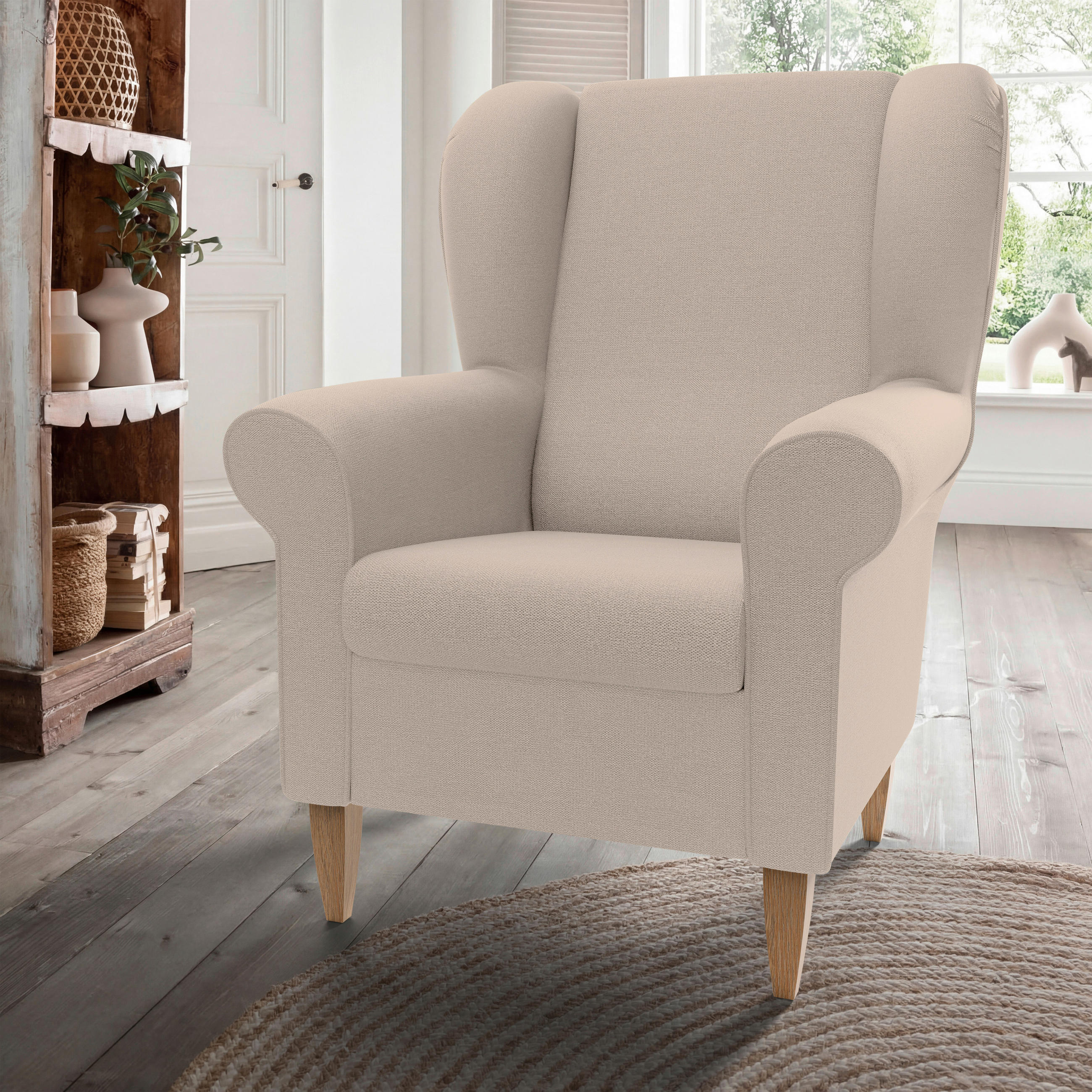 OHRENSESSEL ASINO Struktur Beige  - Beige/Naturfarben, KONVENTIONELL, Holz/Textil (80/102/86cm) - Livetastic
