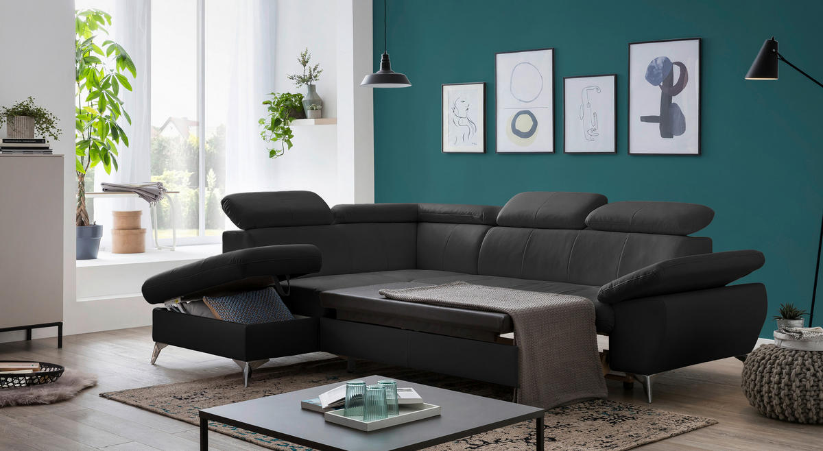 ECKSOFA Schwarz Lederlook  - Chromfarben/Schwarz, KONVENTIONELL, Textil/Metall (209/256cm) - Livetastic
