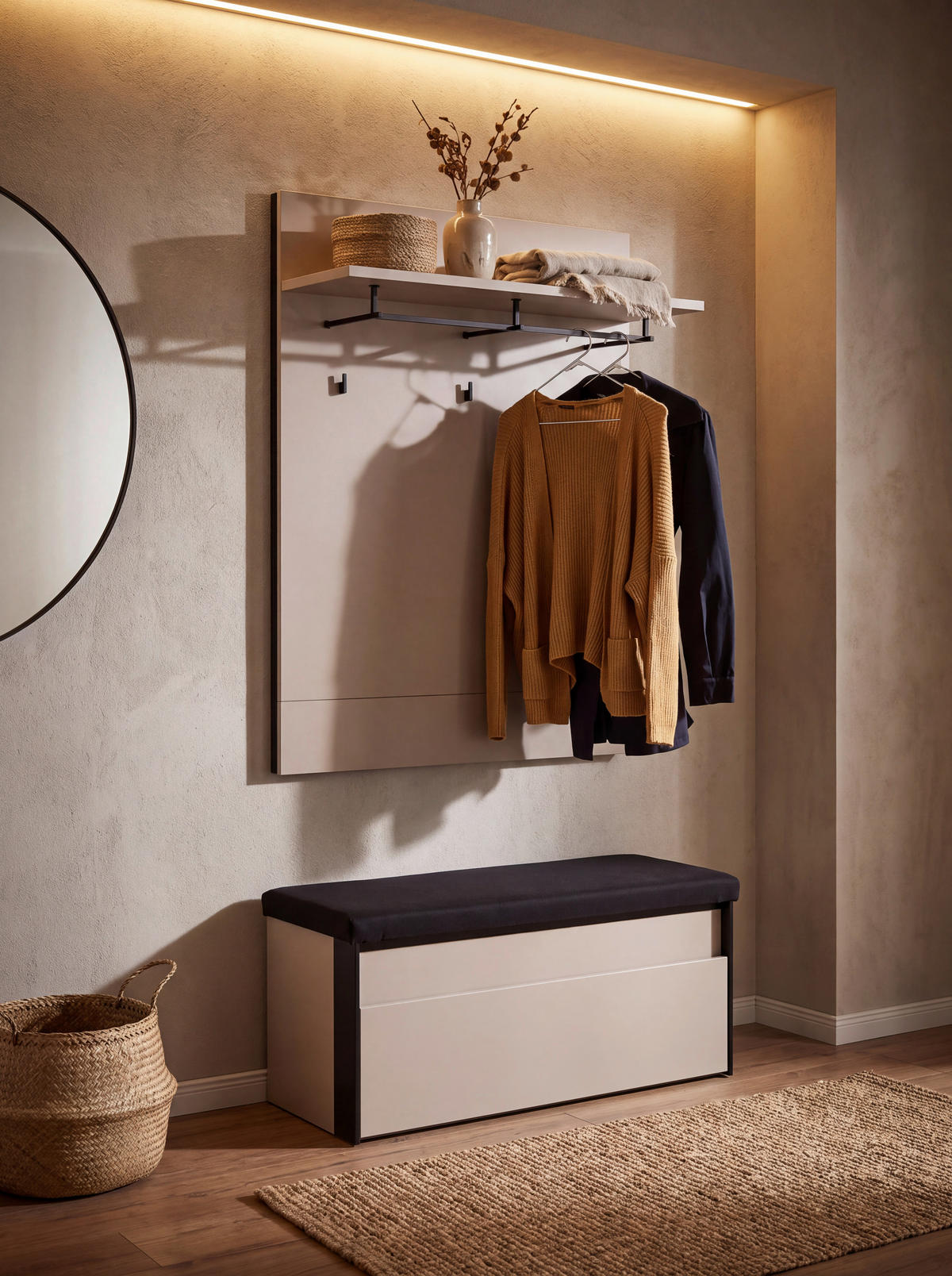HALLBÄNK 91,5/48,5/40 cm  - beige/svart, Klassisk, trämaterial/textil (91,5/48,5/40cm) - Voleo