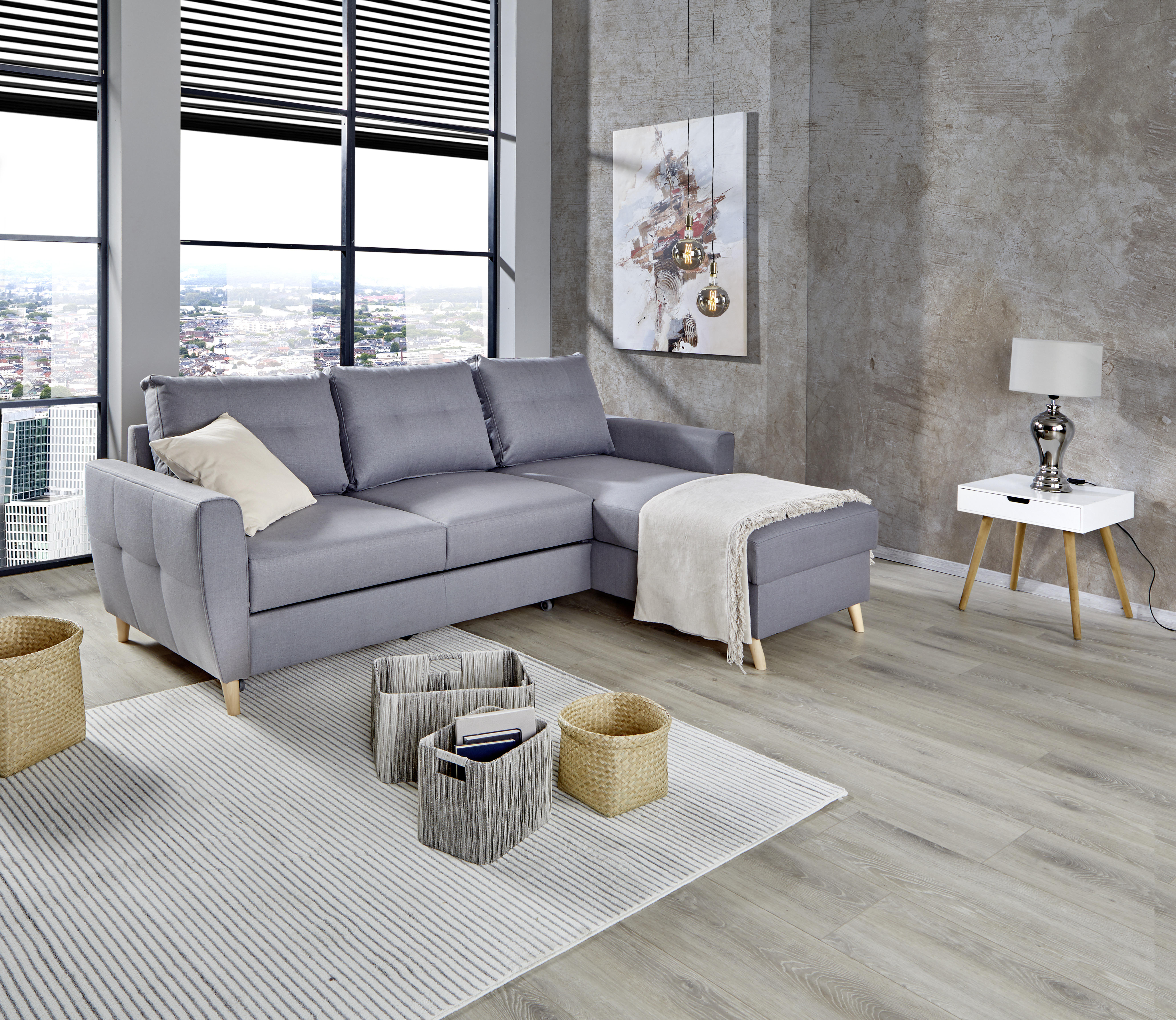 Ecksofa mit Schlaffunktion + Grau Webstoff  - Naturfarben/Grau, Design, Holz/Textil (230/159cm) - Livetastic