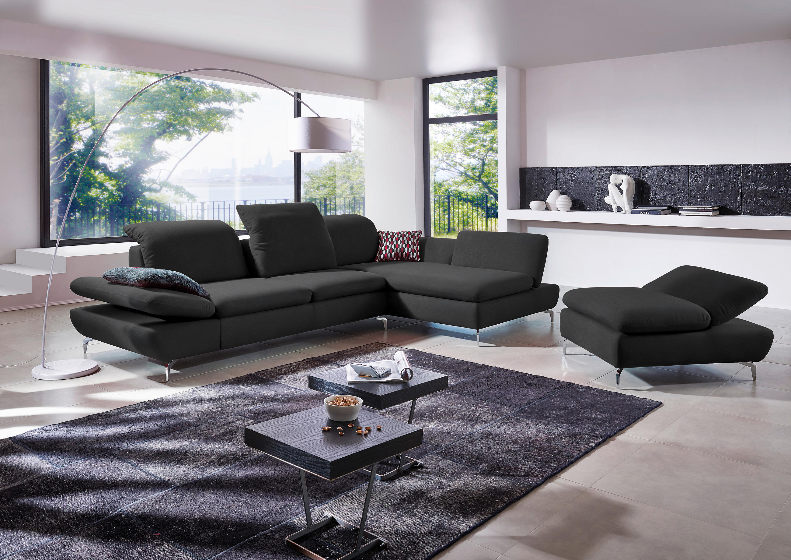 ECKSOFA in Echtleder Anthrazit  - Anthrazit/Silberfarben, Design, Leder/Metall (315/200cm) - Chilliano