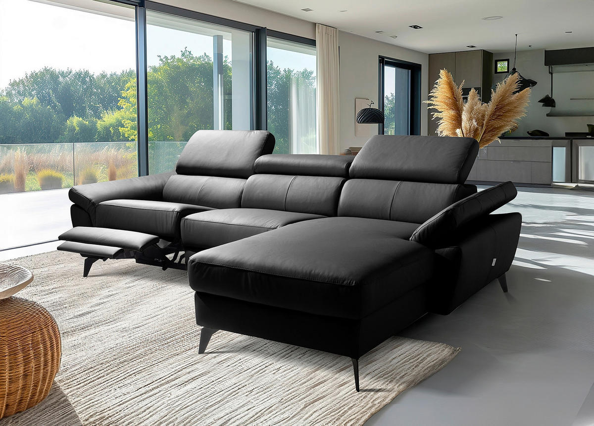 ECKSOFA SONO in Lederlook Echtleder Schwarz Armteilverstellung, Kopfteilverstellung  252/179 cm  - Schwarz, Design, Leder/Textil (252/179cm) - Livetastic