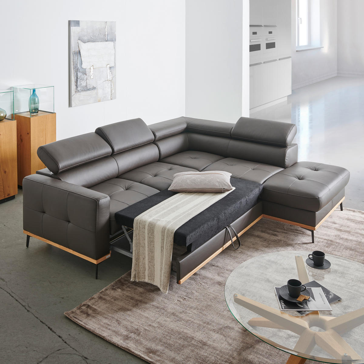 ECKSOFA Dunkelbraun Echtleder  - Dunkelbraun/Schwarz, Design, Leder/Holz (252/220cm) - Novel