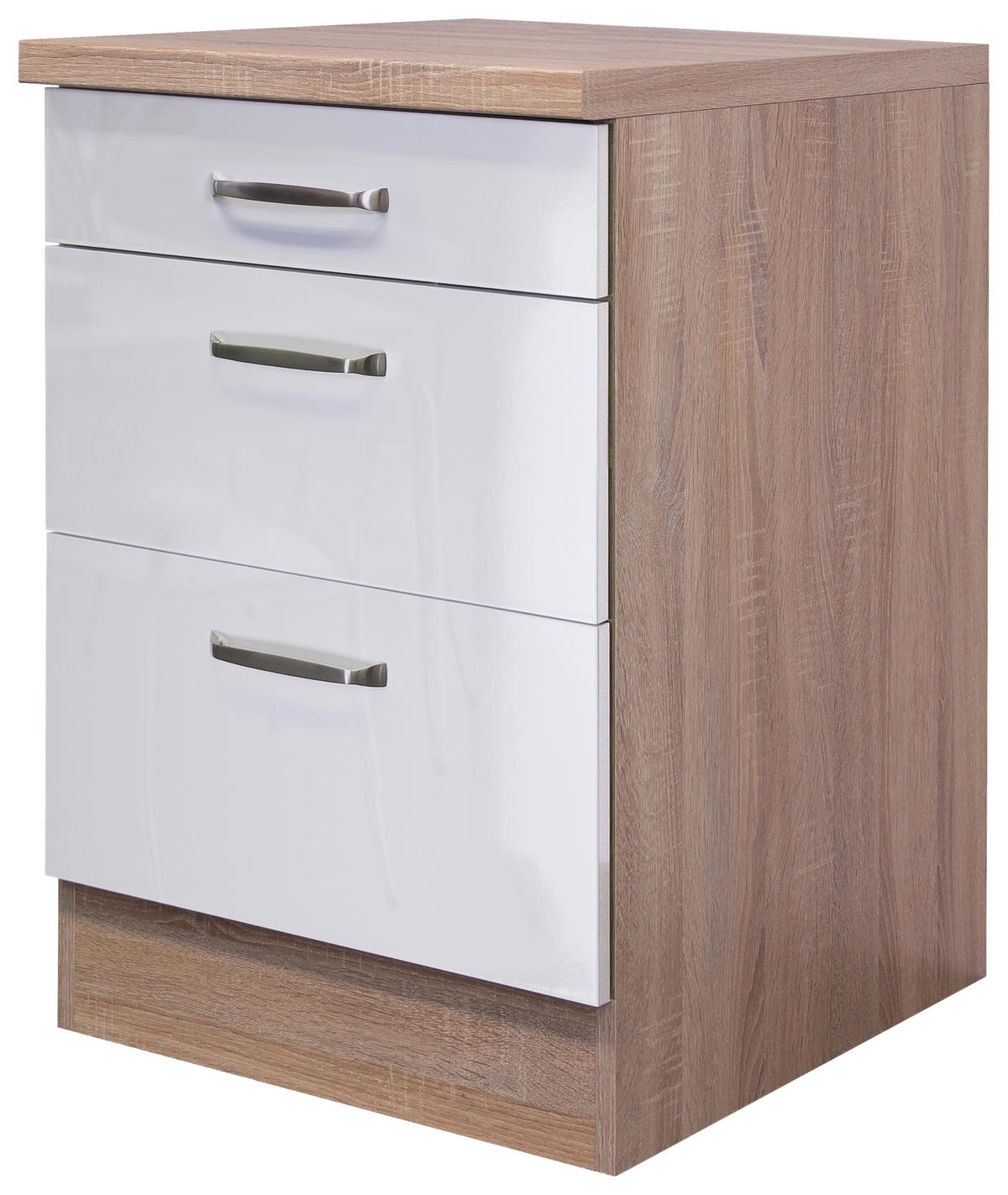 SCHUBKASTENUNTERSCHRANK 60/86/60 cm  in Sonoma Eiche, Weiß Hochglanz  - Edelstahlfarben/Weiß Hochglanz, KONVENTIONELL, Holzwerkstoff/Metall (60/86/60cm) - FlexWell