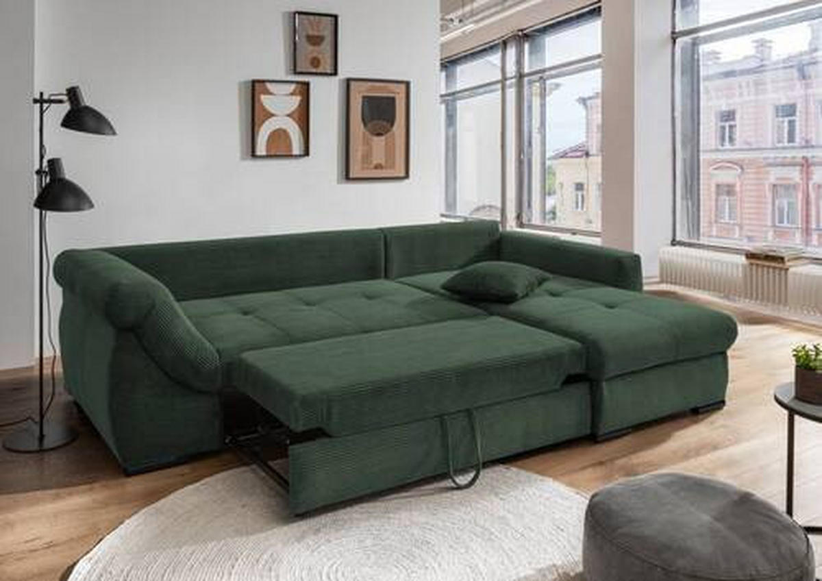 ECKSOFA in Cord Dunkelgrün  - Dunkelgrün/Schwarz, Modern, Holz/Textil (302/188cm) - MID.YOU