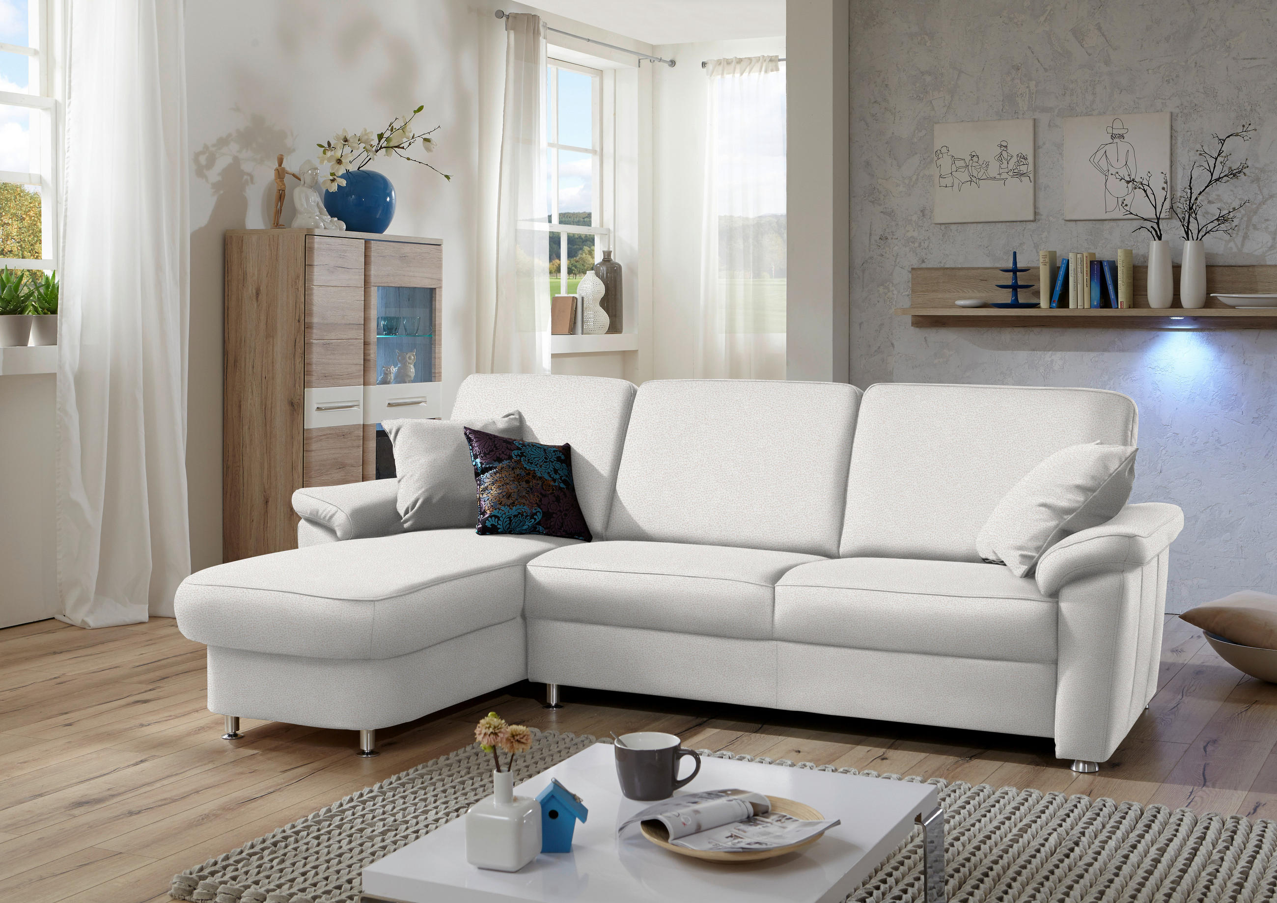 ECKSOFA in Flachgewebe Creme  - Chromfarben/Creme, Konventionell, Textil/Metall (163/250cm) - Beldomo System