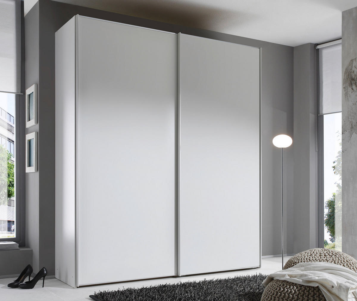 SCHWEBETÜRENSCHRANK in Weiss  - Weiss/Alufarben, Design, Holzwerkstoff/Metall (225/222/68cm) - Moderano