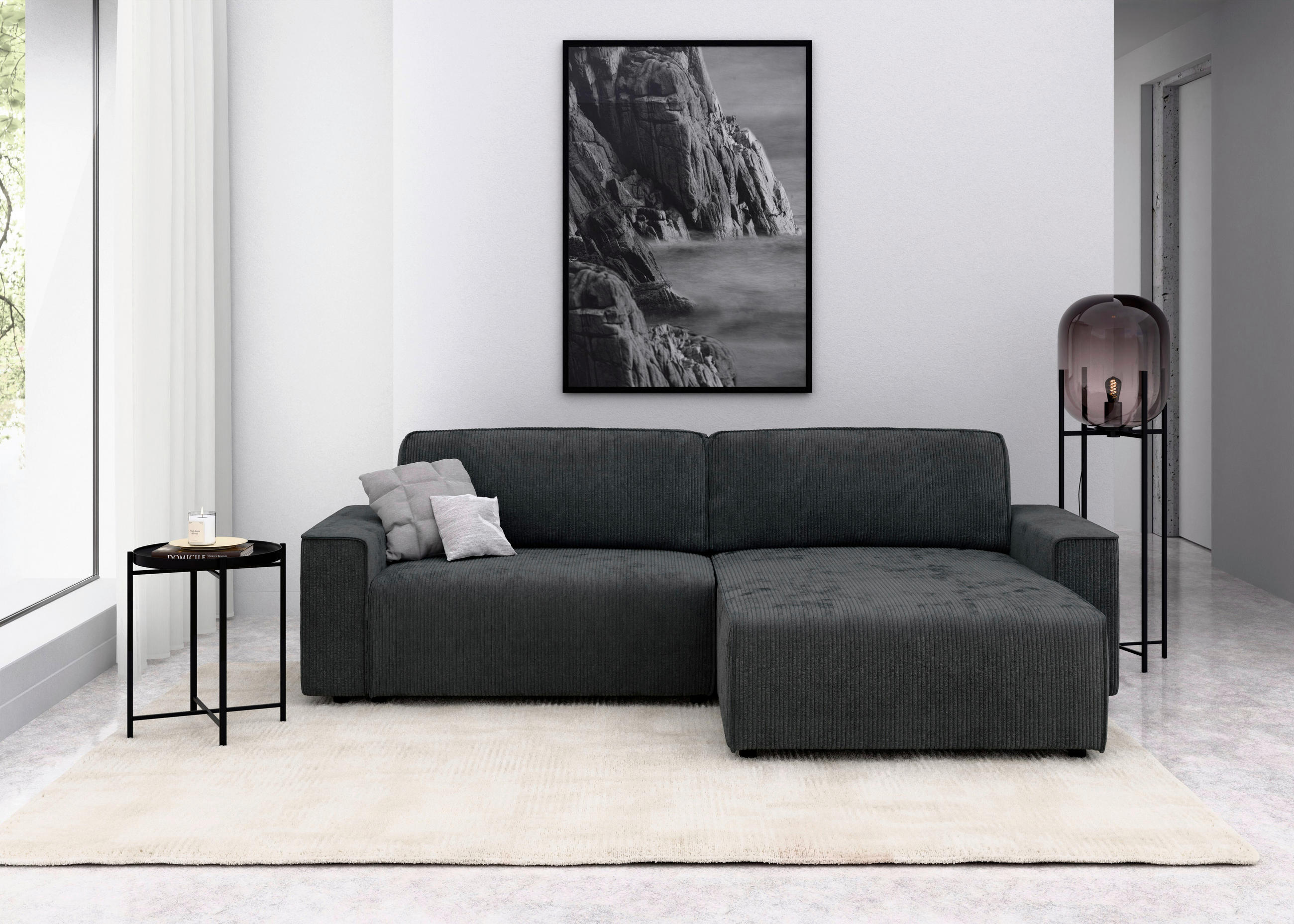 ECKSOFA in Cord Dunkelgrau  265/164 cm  - Dunkelgrau/Schwarz, MODERN, Kunststoff/Textil (265/164cm) - Trendmanufaktur