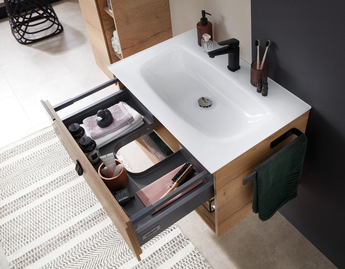 WASCHTISCHKOMBI 77 cm  - Eichefarben/Schwarz, KONVENTIONELL, Leder/Glas (77cm) - Sadena