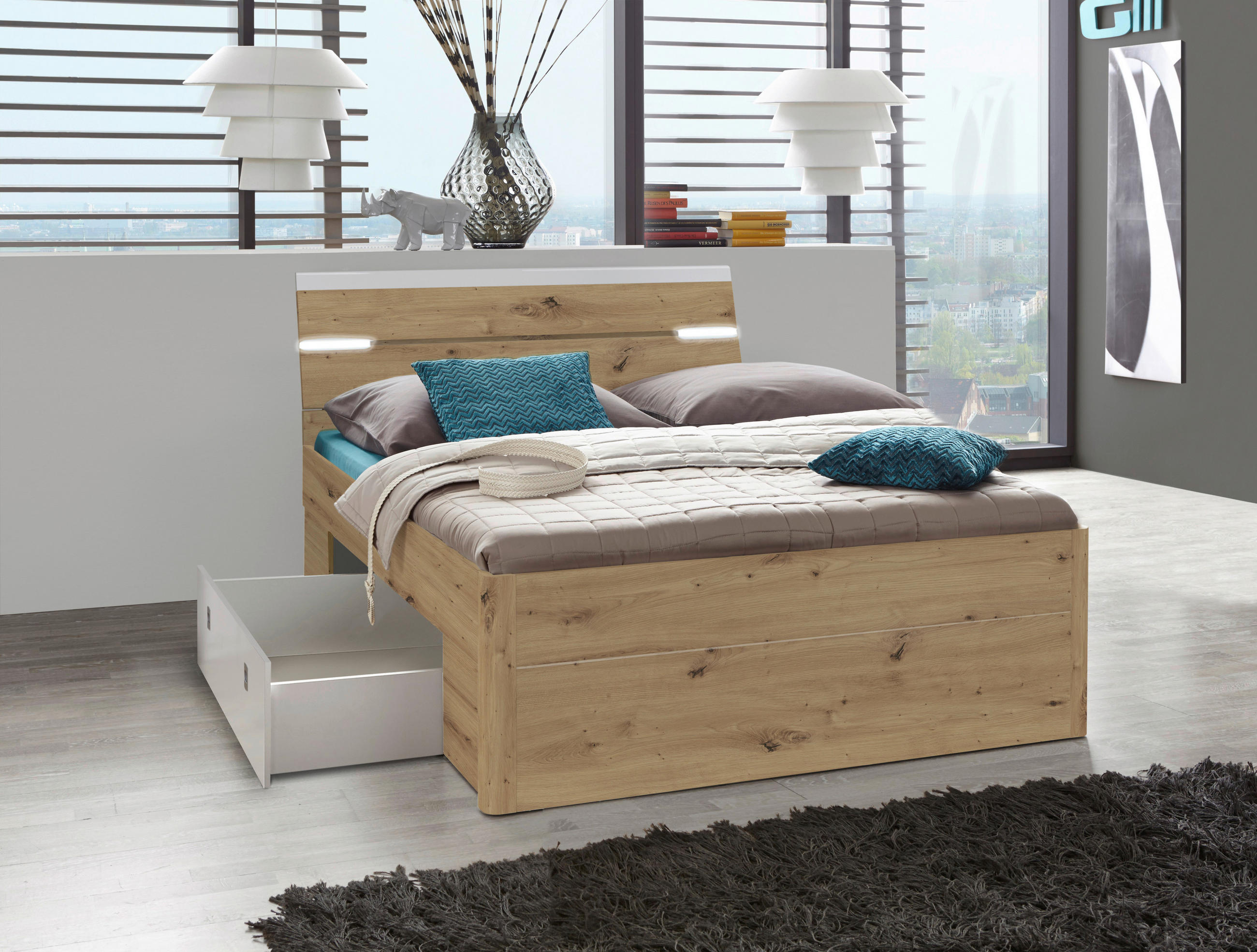 KREVET S PROSTOR. ZA ODLAGANJ   160/200 cm   bijela, hrast Artisan  - bijela/hrast Artisan, Konvencionalno, drvni materijal/plastika (160/200cm) - MID.YOU