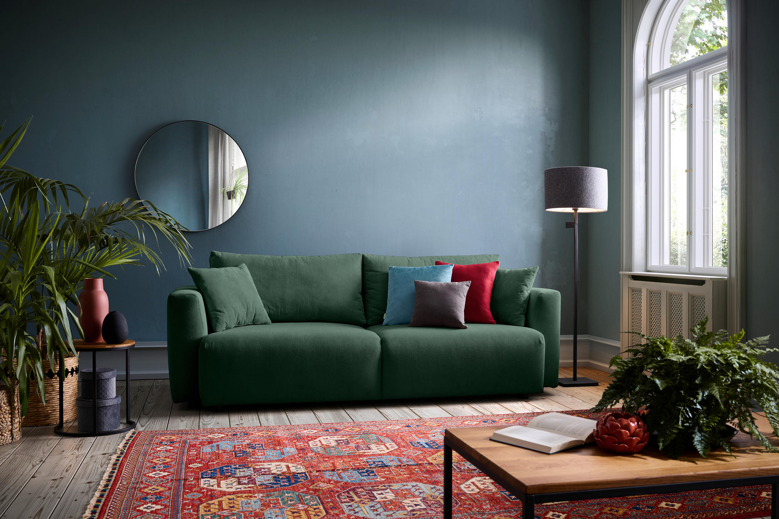 SCHLAFSOFA  mit Stoffauswahl, Schlafen auf Sitzhöhe, Rücken echt Cord Dunkelgrün  - Dunkelgrün/Schwarz, Design, Kunststoff/Textil (250/92/105cm) - Carryhome