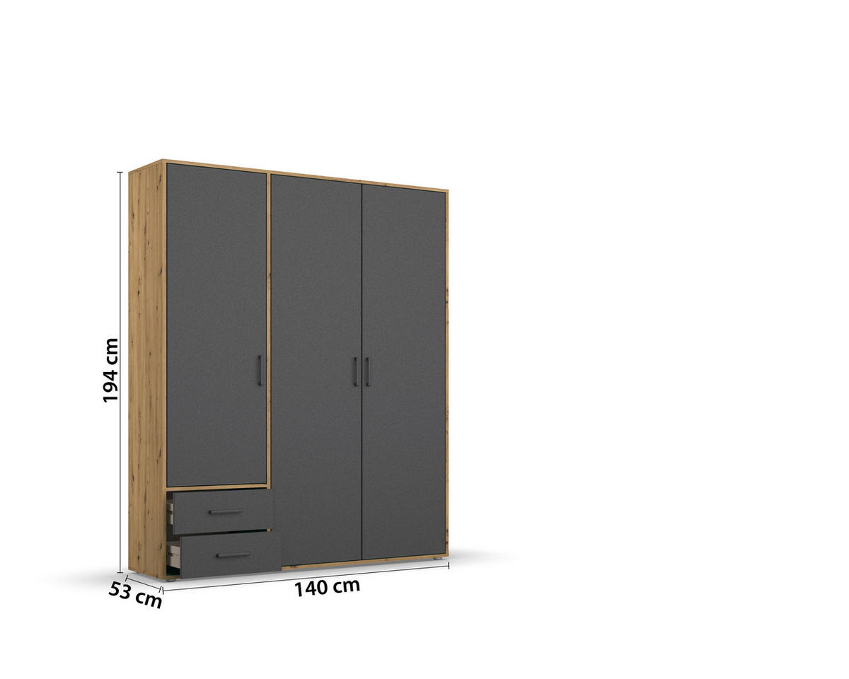 DREHTÜRENSCHRANK in Grau, Eiche Artisan  - Eiche Artisan/Grau, Modern, Holzwerkstoff/Kunststoff (140/194/53cm) - Rauch Möbel