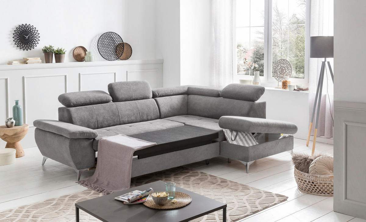 ECKSOFA in Mikrofaser Grau  - Chromfarben/Grau, Konventionell, Textil/Metall (256/209cm) - Livetastic