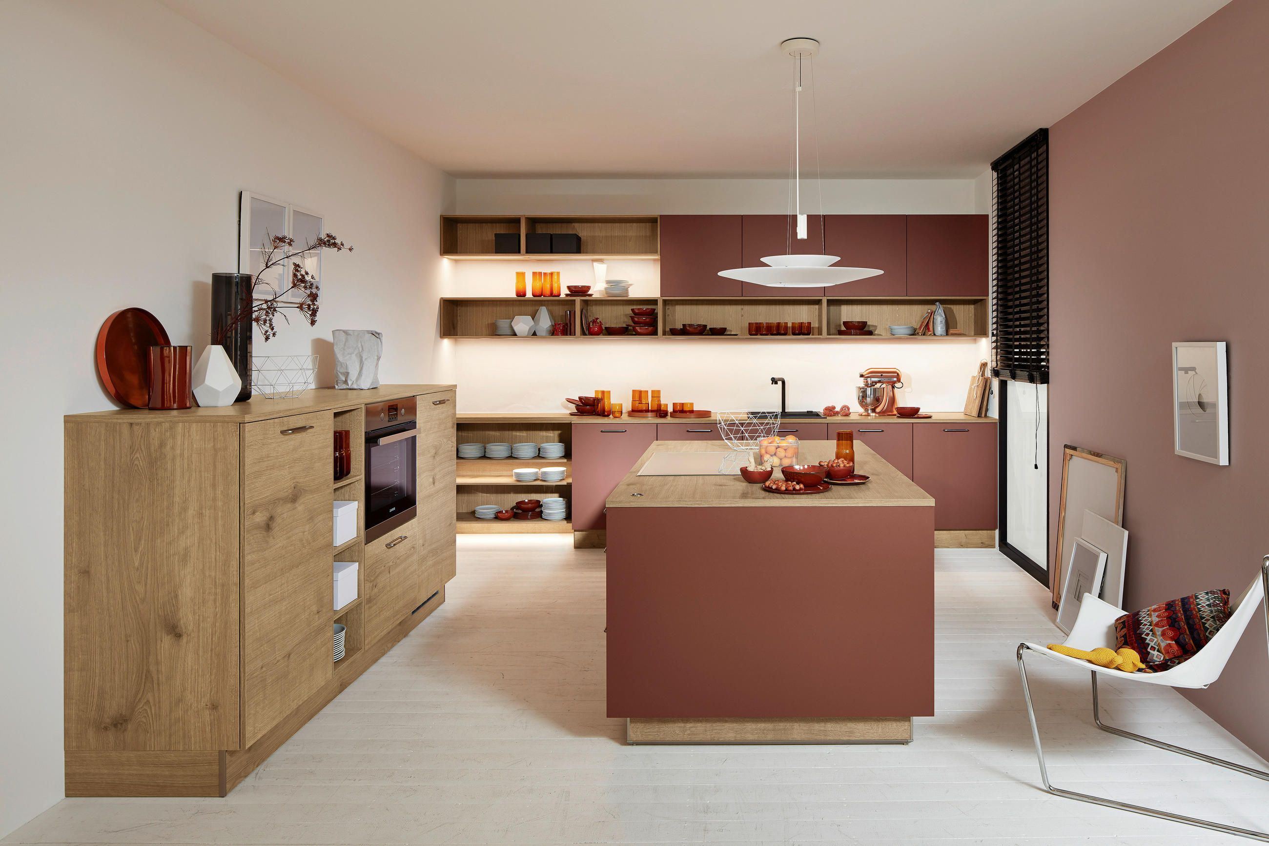 EINBAUKÜCHE MANHATTAN UNI  - Eichefarben/Rot, Design, Holzwerkstoff - Nolte Küchen