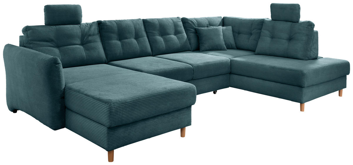 WOHNLANDSCHAFT in Cord Petrol  - Petrol/Naturfarben, MODERN, Holz/Textil (176/338-352/206cm) - Livetastic