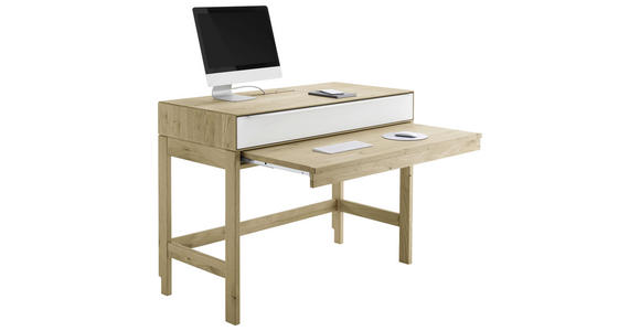 SCHREIBTISCH 122/58,3/93,4 cm in Weiß, Eiche Bianco - Eiche Bianco/Edelstahlfarben, Natur, Glas/Holz (122/58,3/93,4cm) - Valnatura