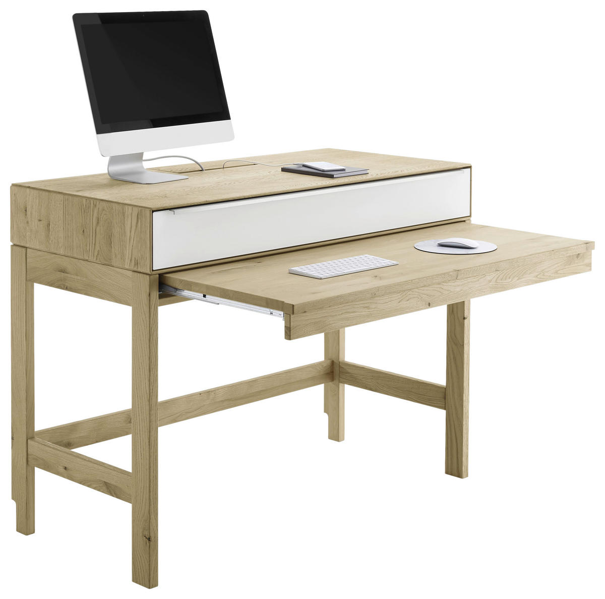 SCHREIBTISCH 122/58,3/93,4 cm  in Weiß, Eiche Bianco  - Eiche Bianco/Edelstahlfarben, Natur, Glas/Holz (122/58,3/93,4cm) - Valnatura