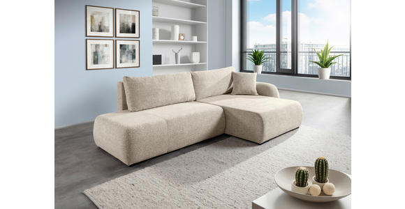 ECKSOFA Beige Flachgewebe Zierkissen, Rückenkissen, Bettkasten, Schlaffunktion, Rücken echt, Liegefläche im Originalstoff  - Beige/Schwarz, KONVENTIONELL, Kunststoff/Textil (260/145cm) - Carryhome