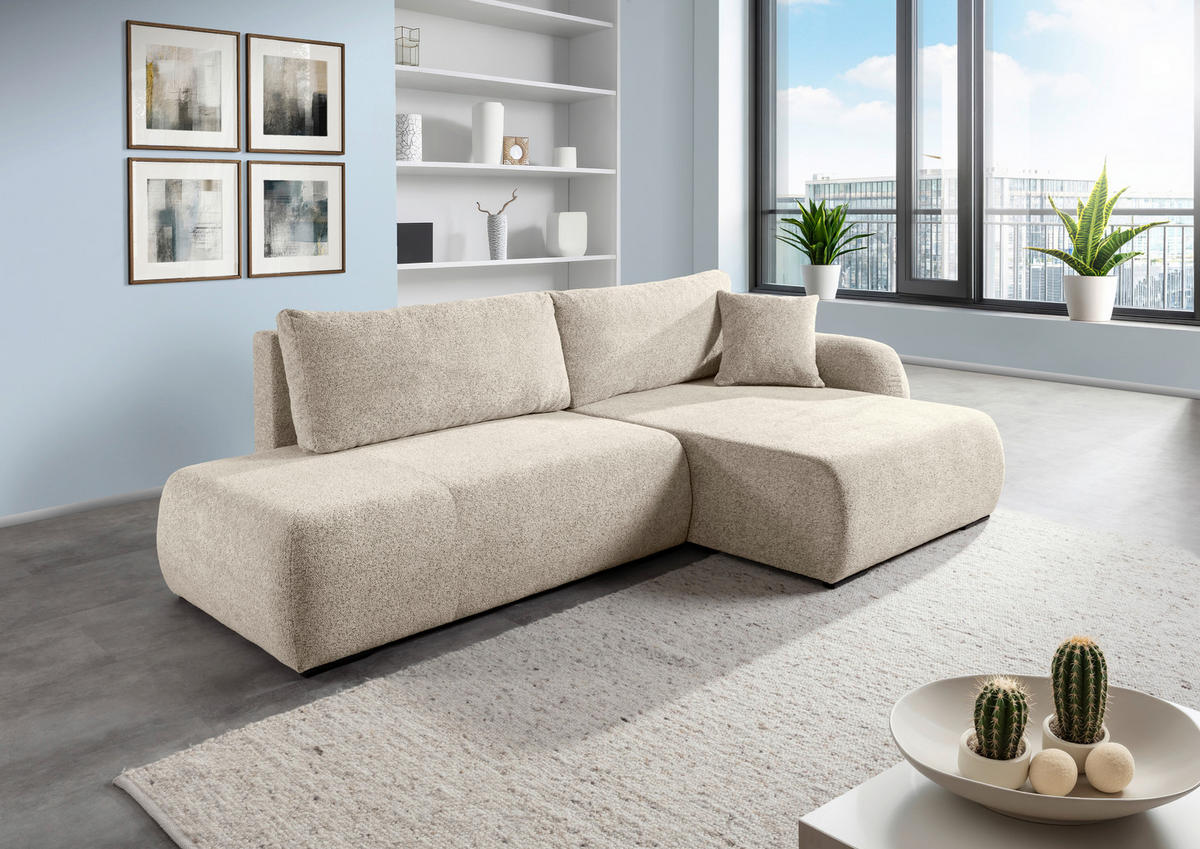 ECKSOFA Beige Flachgewebe Zierkissen, Rückenkissen, Bettkasten, Schlaffunktion, Rücken echt, Liegefläche im Originalstoff  - Beige/Schwarz, KONVENTIONELL, Kunststoff/Textil (260/145cm) - Carryhome