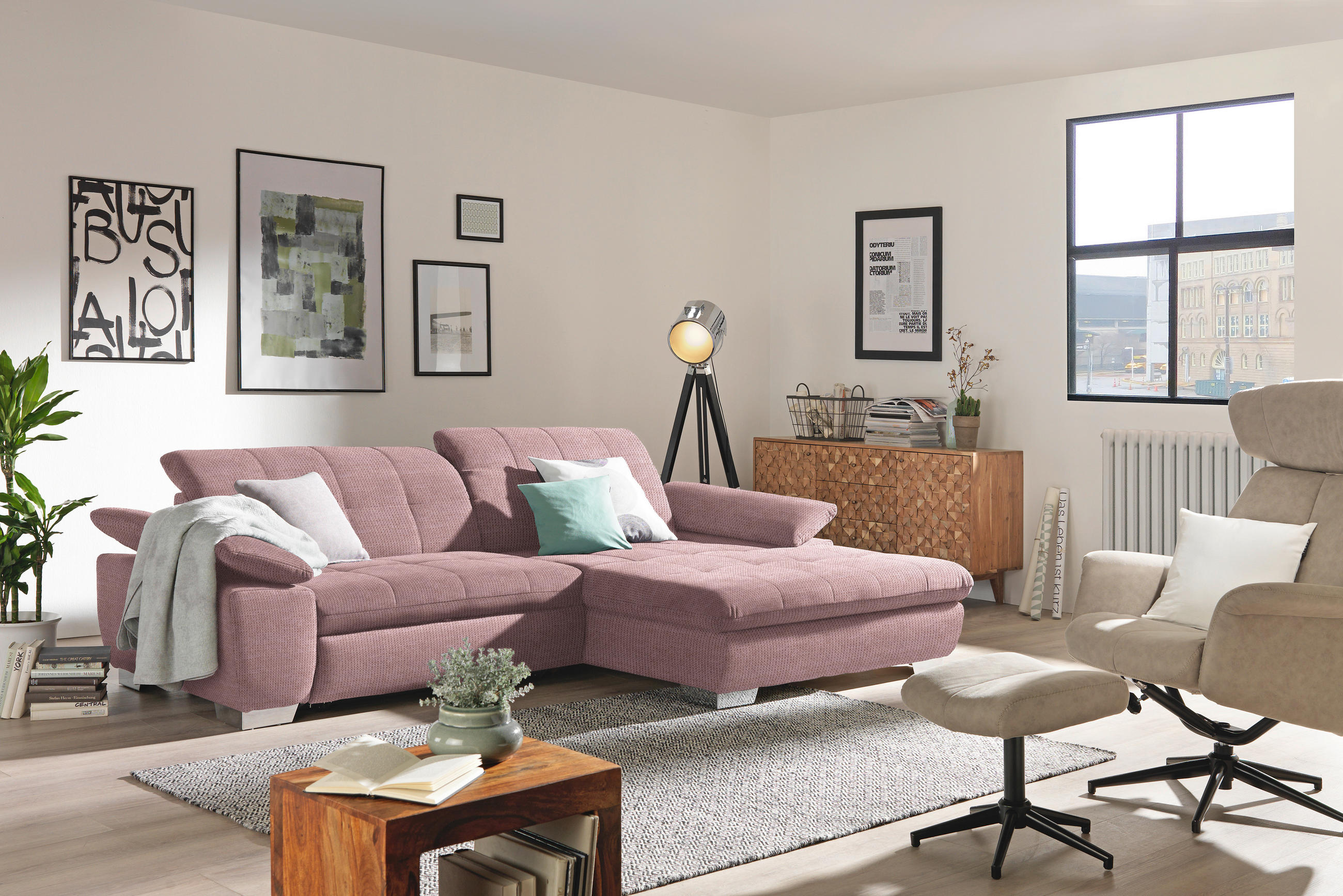 ECKSOFA in Mikrofaser Altrosa  - Chromfarben/Altrosa, Design, Textil/Metall (265/180cm) - Carryhome