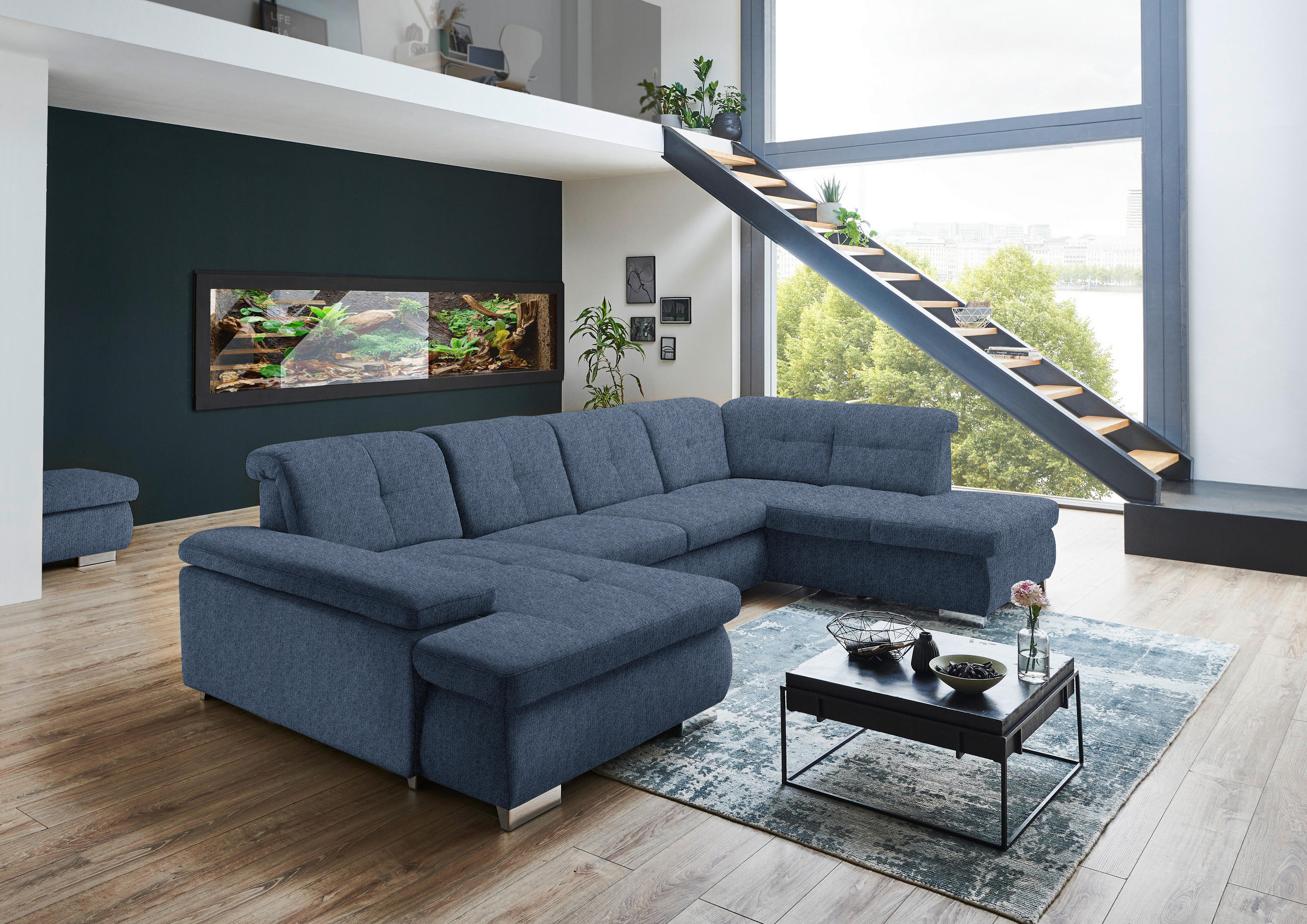 WOHNLANDSCHAFT in Webstoff Blau  - Blau/Schwarz, Design, Textil/Metall (174/337/210cm) - Beldomo Style