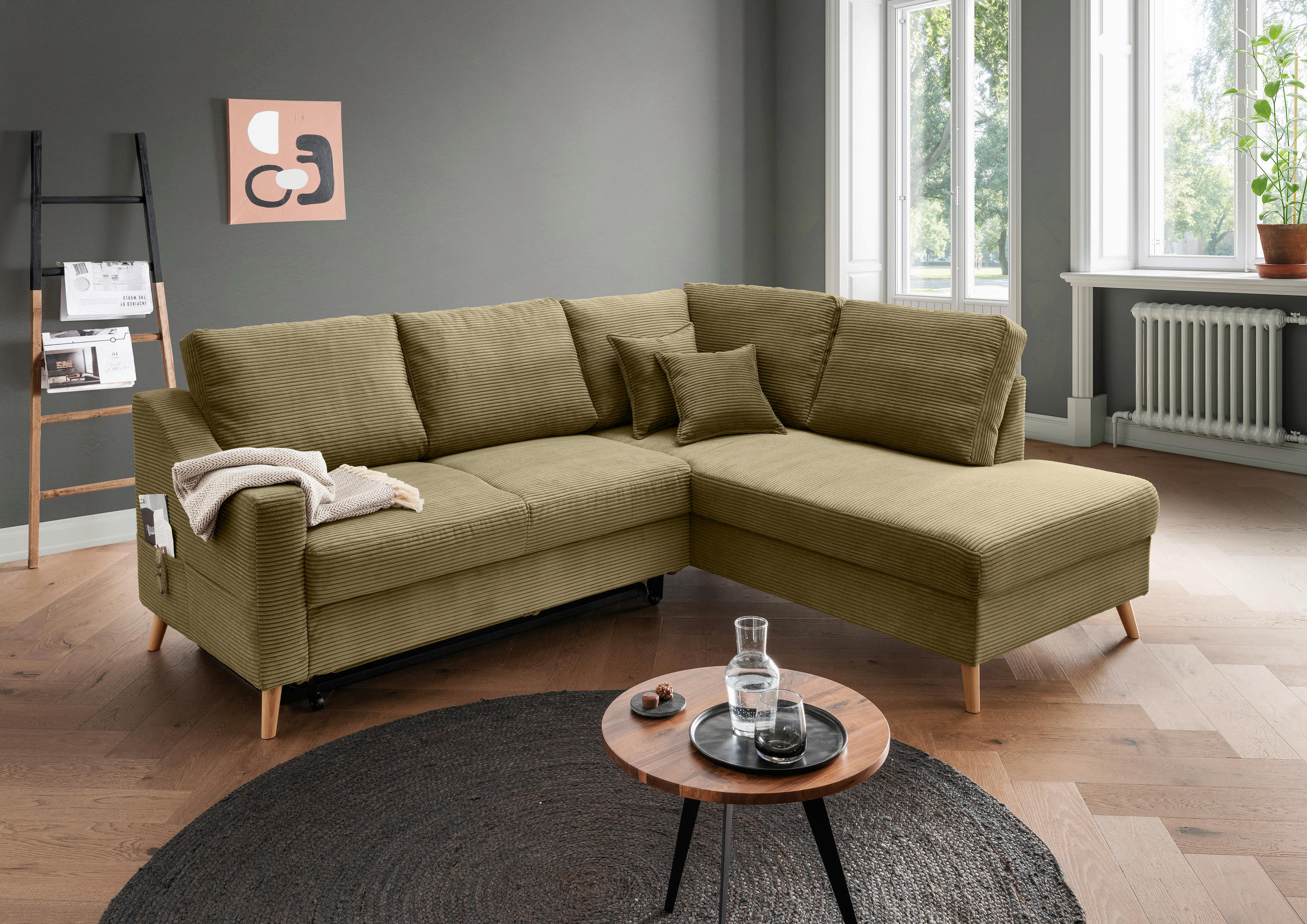 ECKSOFA in Cord Olivgrün  - Naturfarben/Olivgrün, Modern, Holz/Textil (230/200cm) - Livetastic